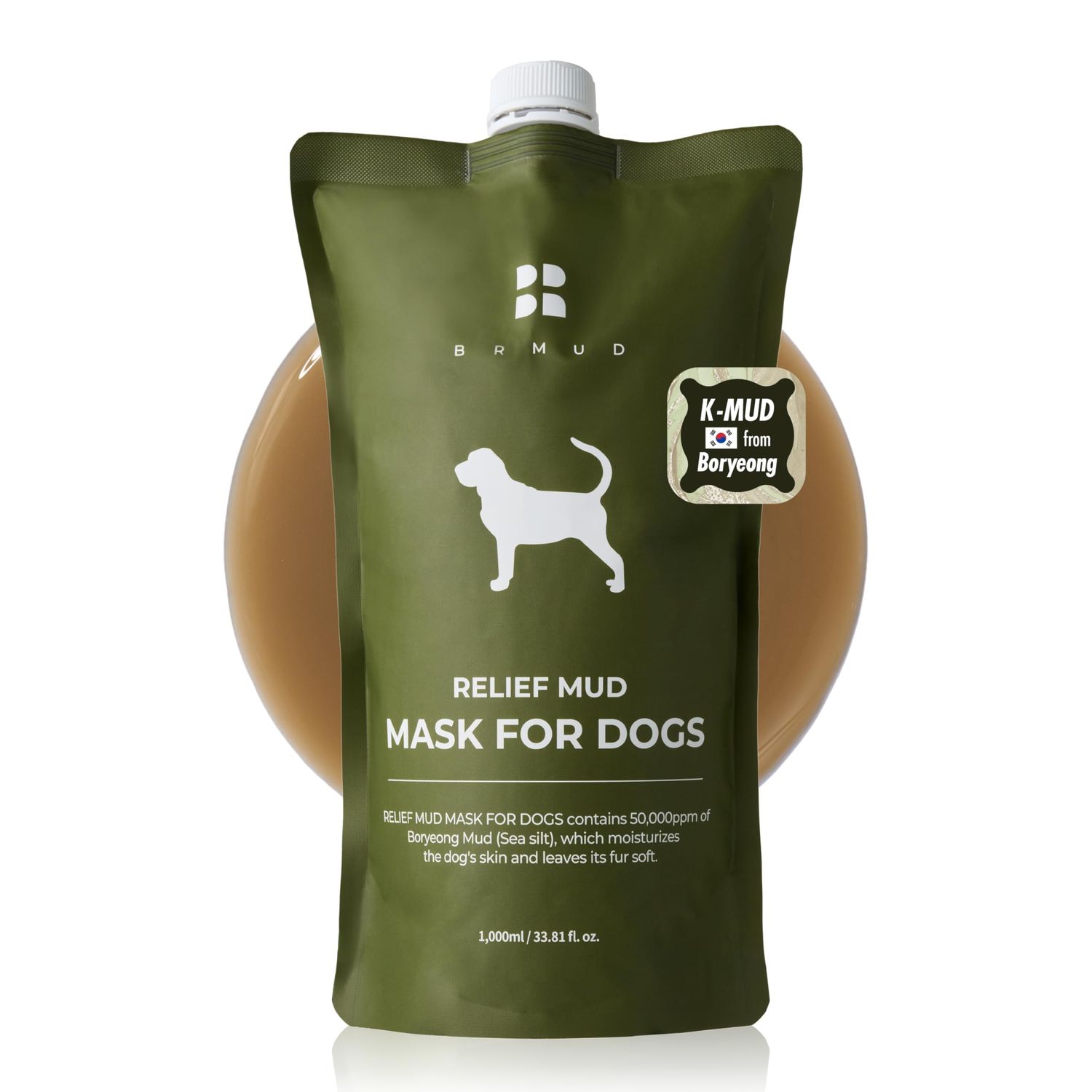 BRMUD Relief Mud Mask for Dogs - Luxurious Coat and Dry Skin Treatment with Boryeong Mud 50,000ppm - Hypoallergenic Dog Grooming Mask with Mineral and Gentle Ingredients, 35.3 oz.