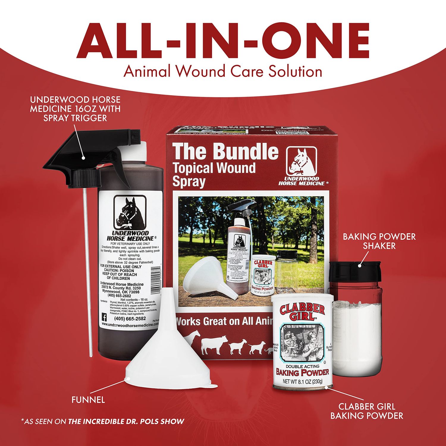 Topical Wound Spray Kit - 16 oz Refill Bottle w/Baking Powder, Funnel, Spray Trigger, & Shaker - Equine First Aid Kit Must-Have Antiseptic Spray for Wounds - Horse Wound Care for Equine & Animals