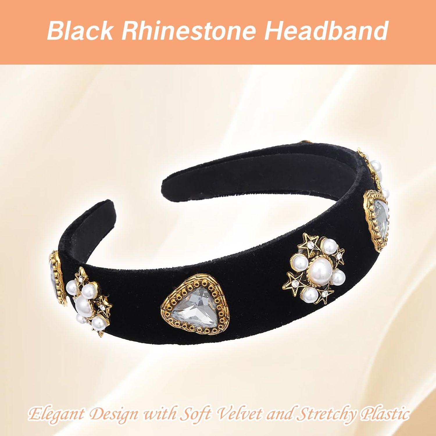 YAFIYGI 1 Pack Black Jeweled Headband Velvet Baroque Chunky Classy Headbands with Pearl Rhinestone Designer Embellished with Pearl Jewel Stylish Beaded Headwrap for Women Dressy Hair Accessories