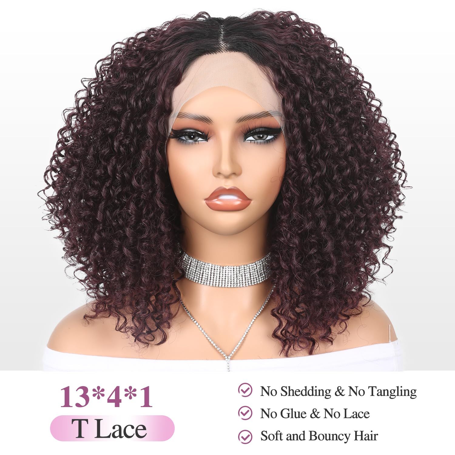 WIGER 15 inch Short Bob Lace Front Wigs Middle Part Wigs Curly T Part Wigs Ombre Afro Kinky Curly Wigs Synthetic Curly Wig For Black Women(1B/99J)