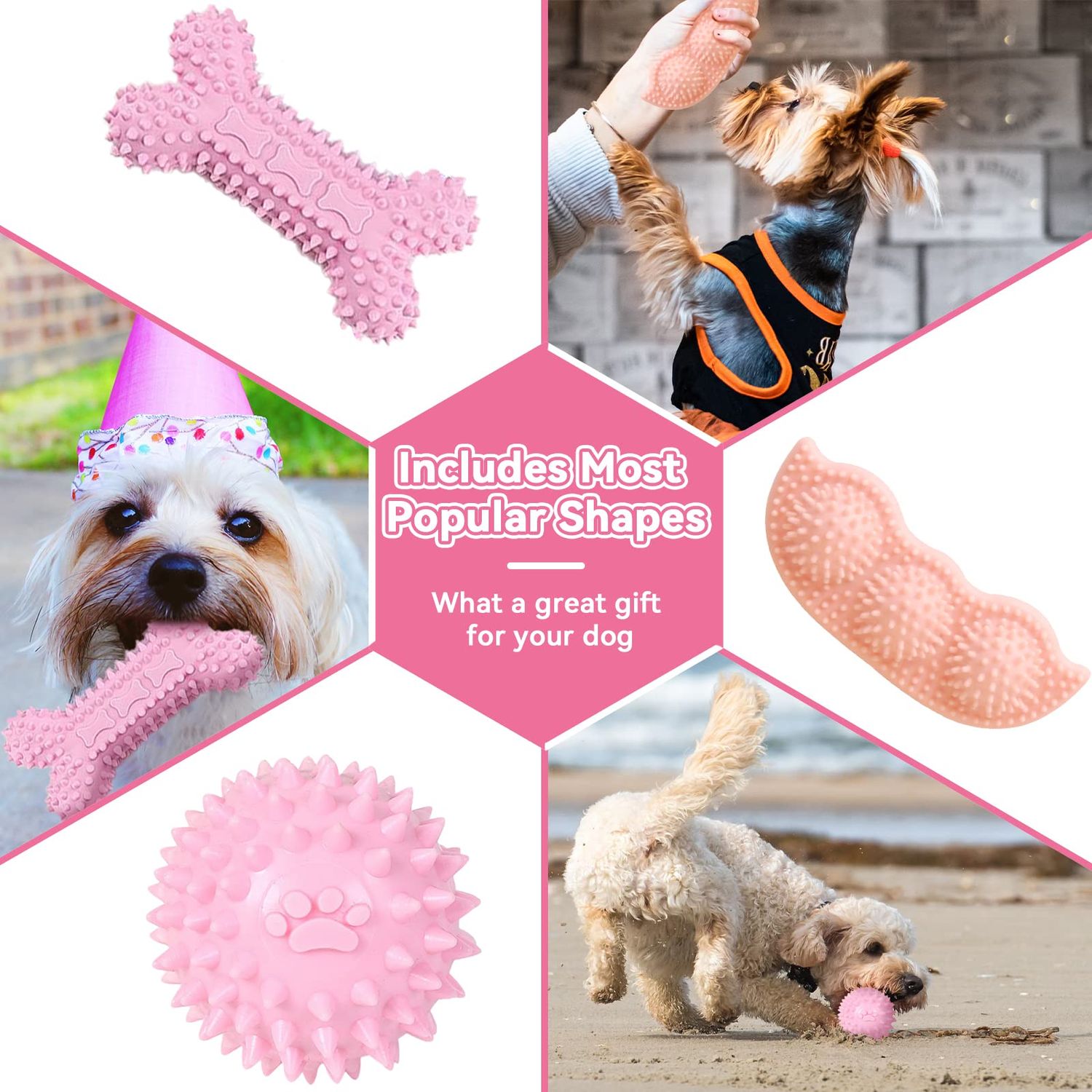 Petcare 6 Pack Puppy Chew Toys for Teething Cute Pink Puppy Toys Small Dog Toys Soft Rubber Rope Dog Toys Funny Bone Ball Cleaning Teeth Dog Chew Toys Puppy Teething Toys for Puppies Yorkie