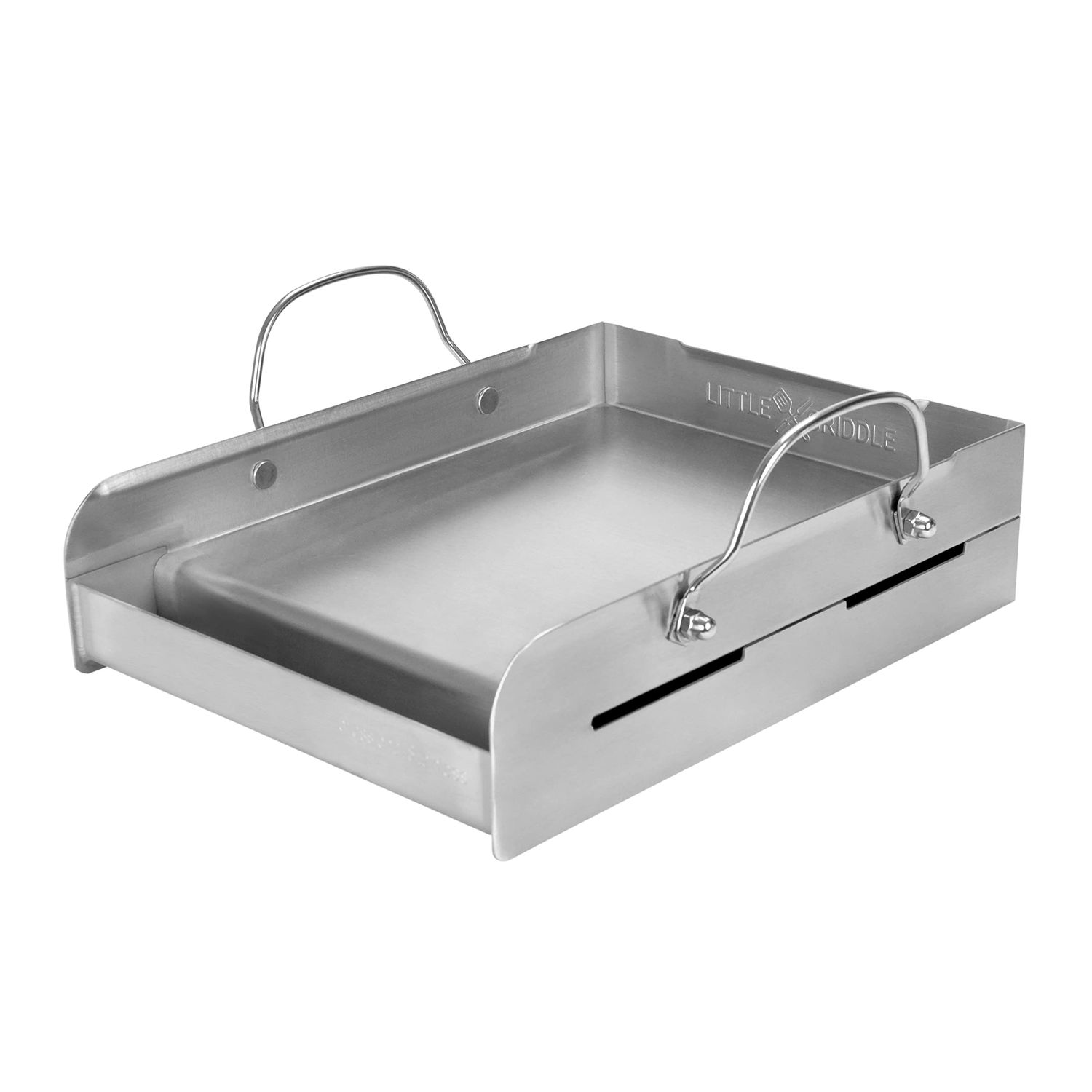 griddle-Q GQ120 100% Stainless Steel Medium-Sized Professional Griddle with Even Heating Bracing and Removable Handles for Charcoal/Gas Grills, Camping, Tailgating, and Parties (14"x16"x6.5")