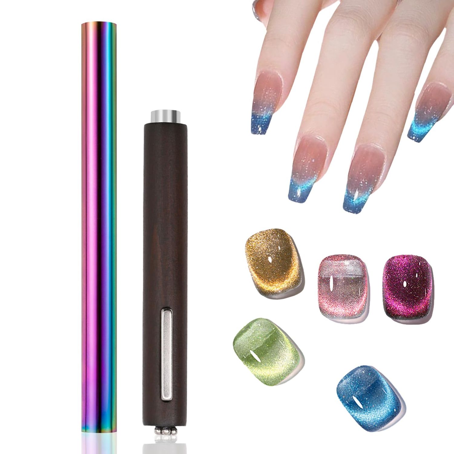 XEAOHESY 2 Pieces Cat Eye Magnet for Nails Double-Ended Iridescent Cylindrical Strong Nail Magnet Brown 3-in-1 Nail Art Magnet Tool for Cat Eye Gel Nail Polish