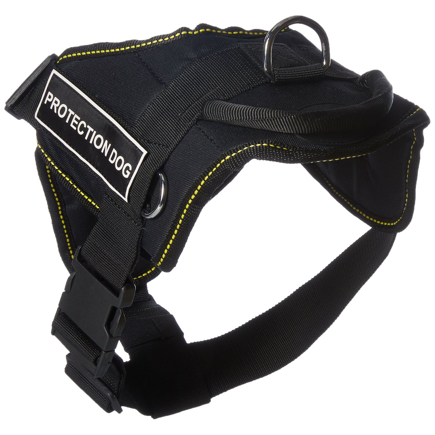 Dean & Tyler Fun Works Protection Dog Harness with Padded Chest Piece, Medium, Fits Girth Size: 28-Inch to 34-Inch, Black with Yellow Trim