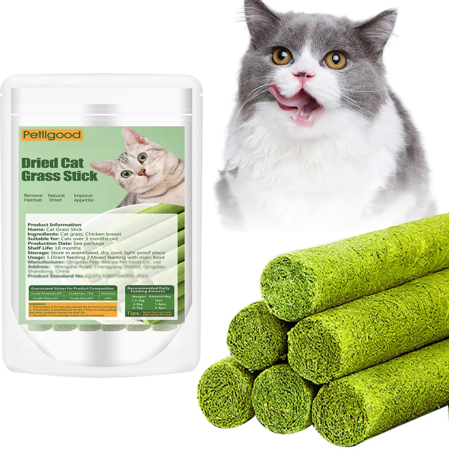 Petllgood 30g Cat Grass Sticks, Freeze Dried Cats Grass Teething Stick, Edible Cat Chew Toy for Teeth Cleaning Dental Health and Hairball Removal