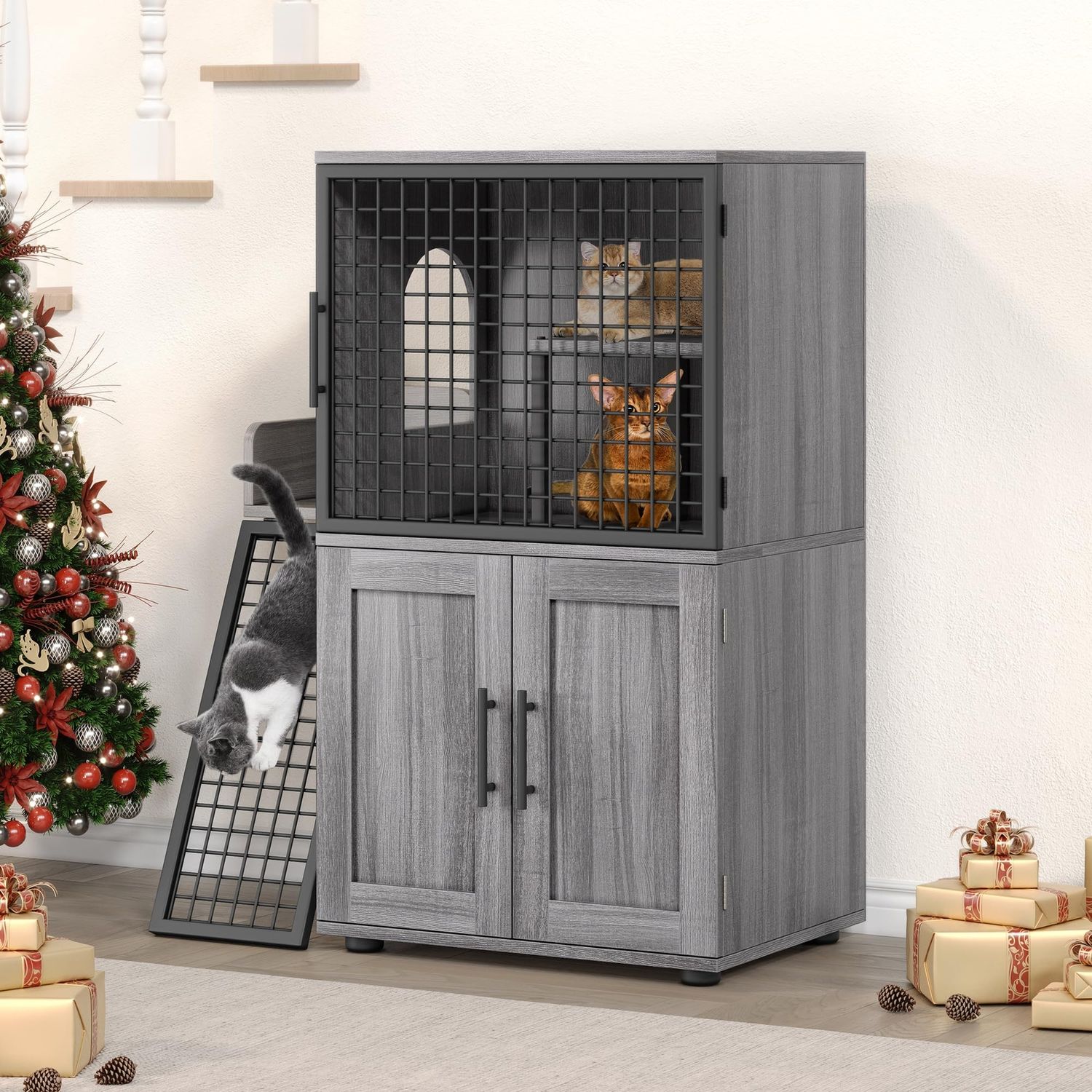 Cat Litter Box Enclosure Furniture w/Platform ,Modern Cat Litter Box with Ladder
