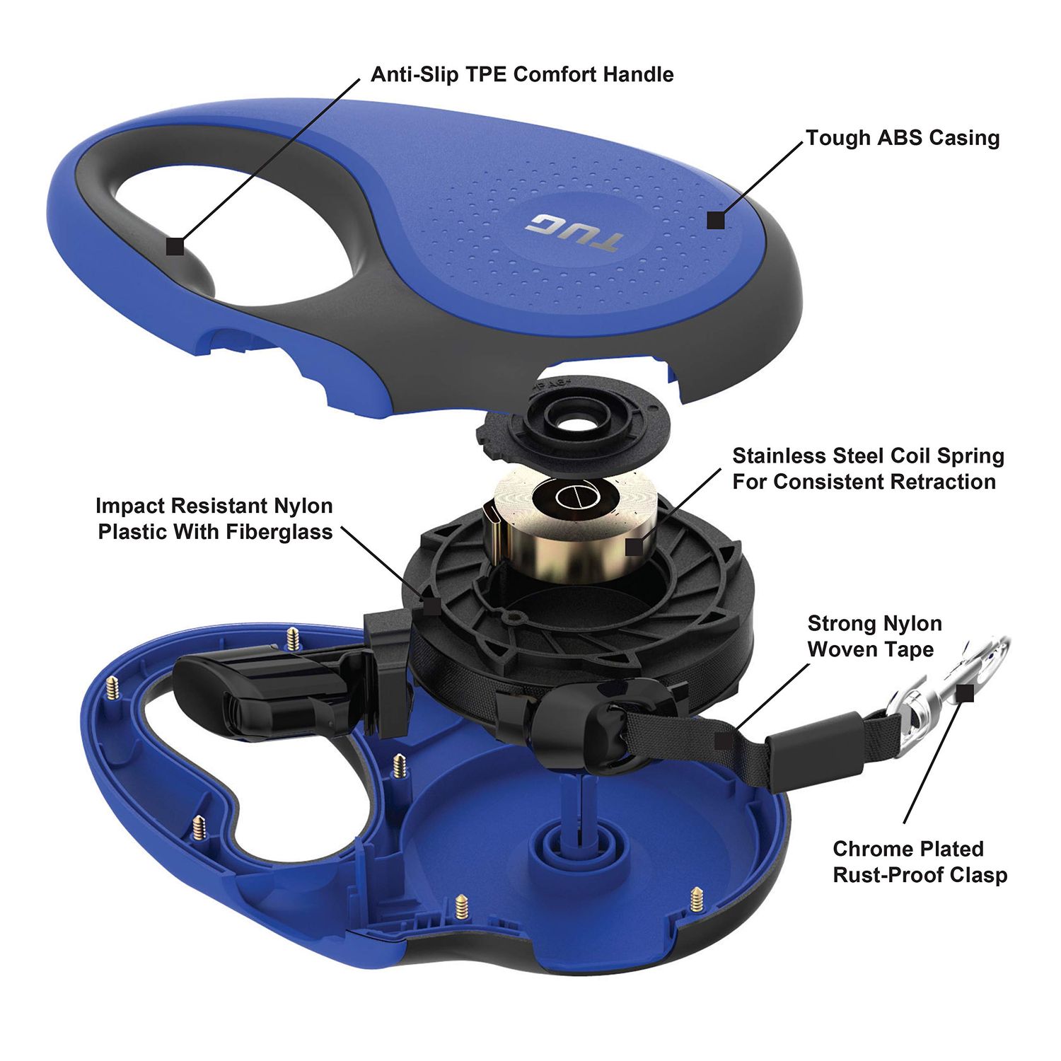 TUG 360° Tangle-Free Retractable Dog Leash with Waste Bag Dispenser (Medium, Blue)
