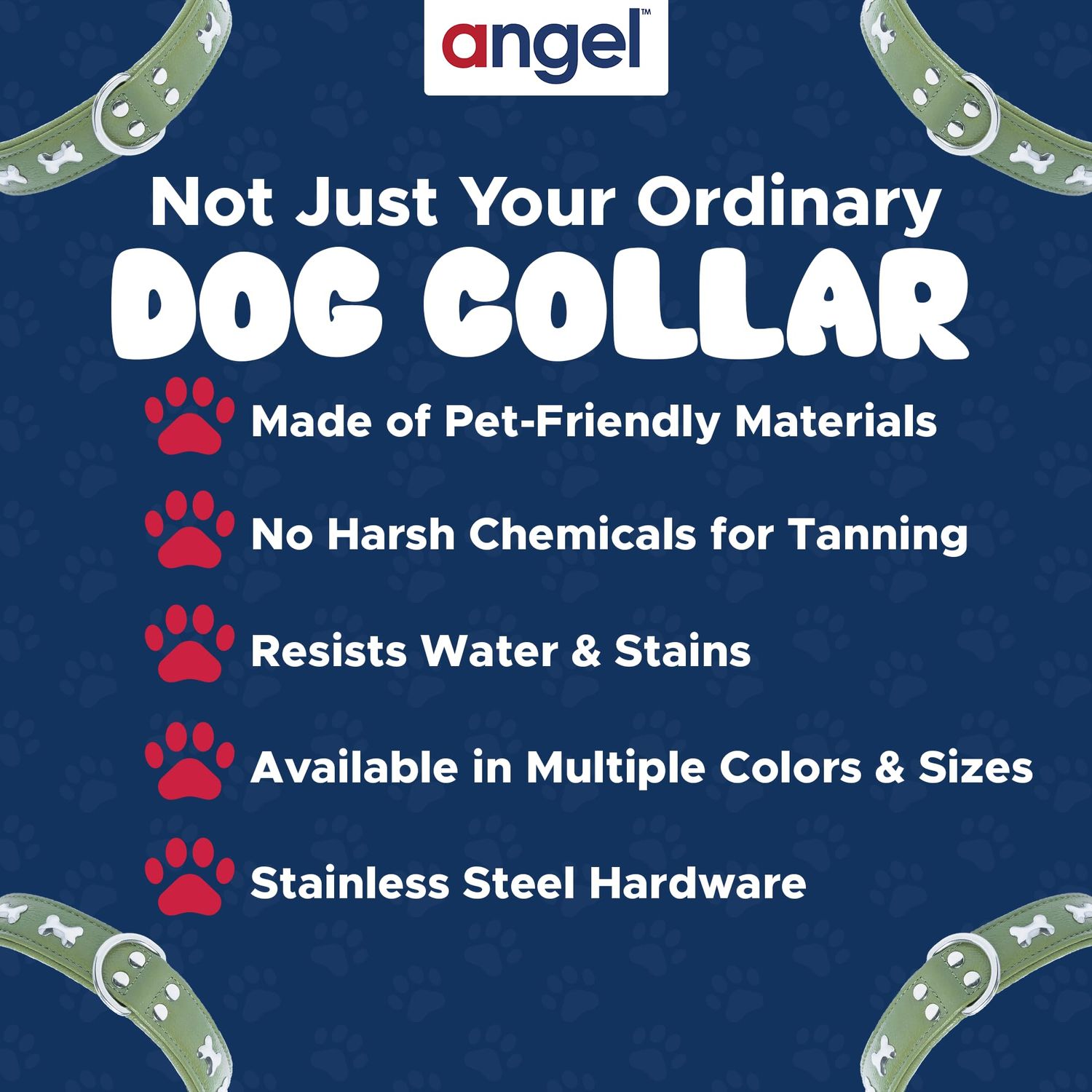 Angel Pet Supplies Inc. Genuine Leather Bones Studded Dog Collar by Angel Pet. Soft and Durable Padded Leather. (14” x 3/4”, Olive Green), Medium, 41274