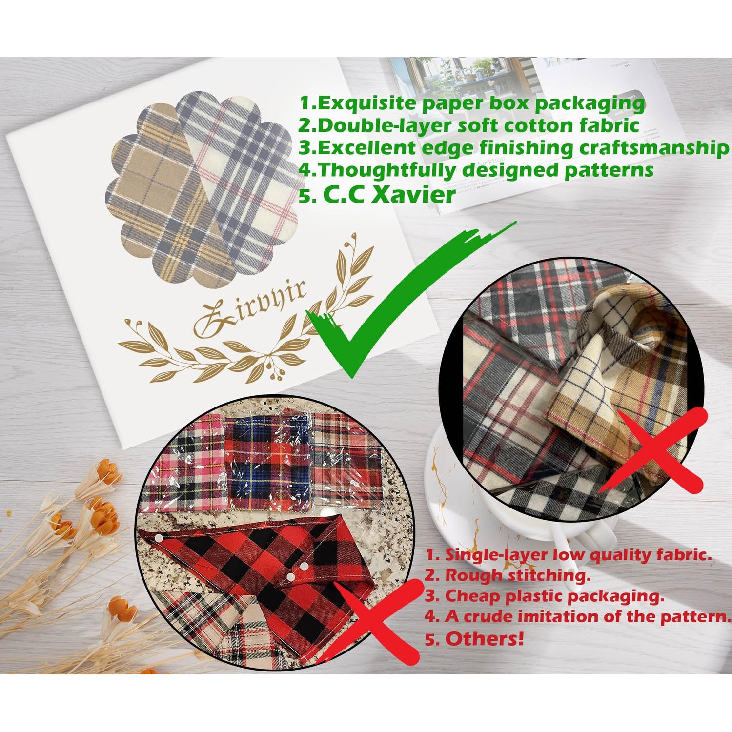 5PCS Dog Bandanas with Button - Thick Triangle Bibs Dual Layer Soft Cotton Scarves for Small Medium Boy Girl Puppy Cat Pet Baby Square Plaid Printing Washable Kerchief Halloween Costumes Outfits