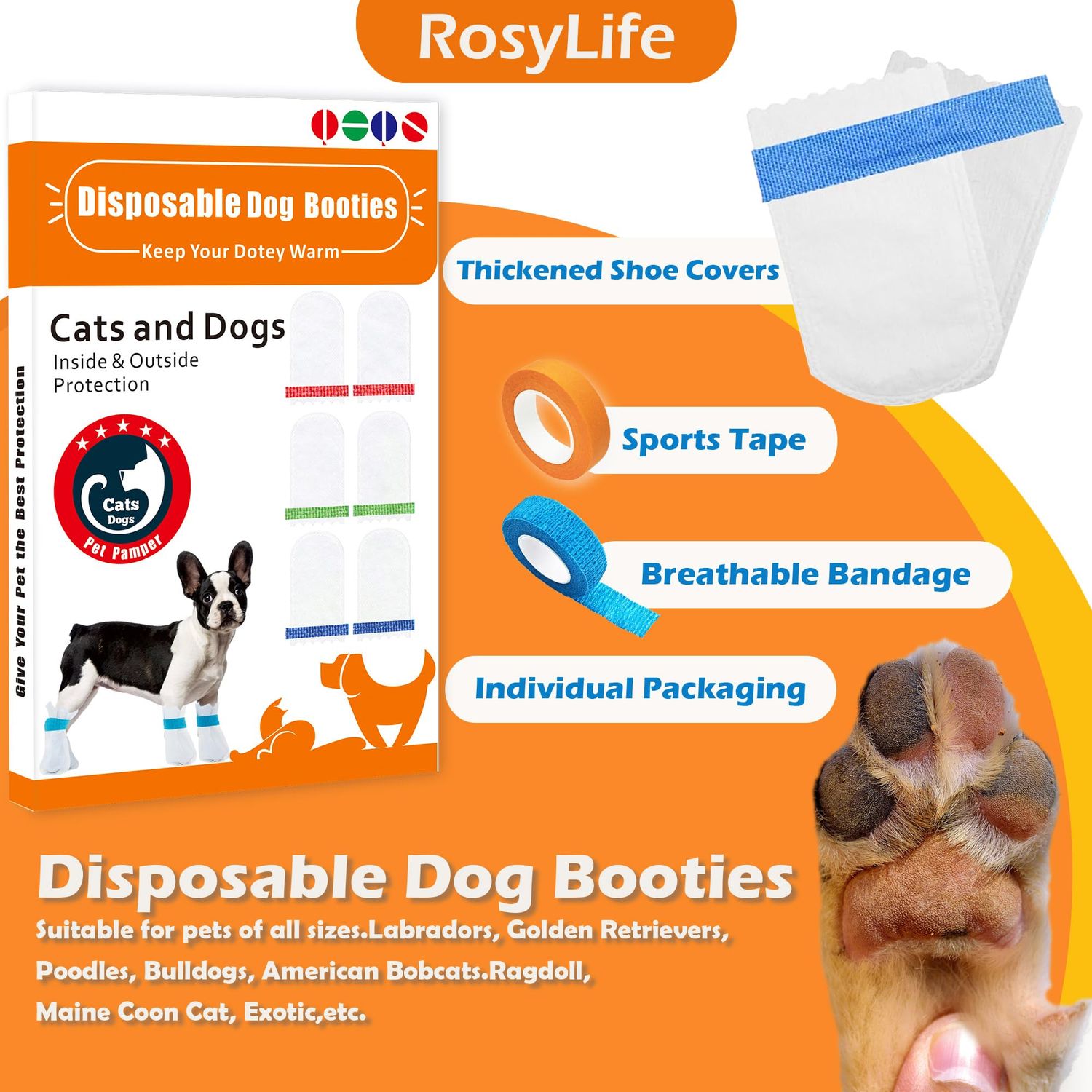 20 Disposable Dog Boots, Disposable Waterproof Dog Boots, Disposable dustproof Dog Shoes, with 3 Rolls of Adjustable self-Adhesive Bandages for Enhanced Adhesion (L)