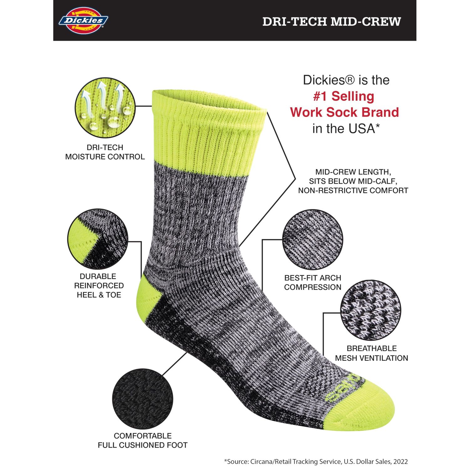 Dickies Men's Dri-tech Moisture Control Comfort Length Crew Socks, Comfort Length Navy Marl Assorted (6 Pairs), Large