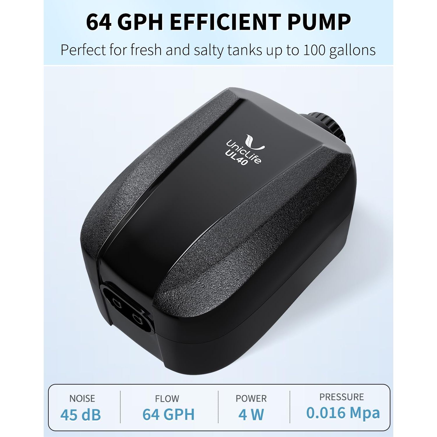Uniclife 64 GPH Aquarium Air Pump with Dual Outlets Adjustable Quiet Fish Tank Air Pump with Air Stone Airline Tubing Check Valve and Connector Accessories for 10-100 Gallon Fish Tank