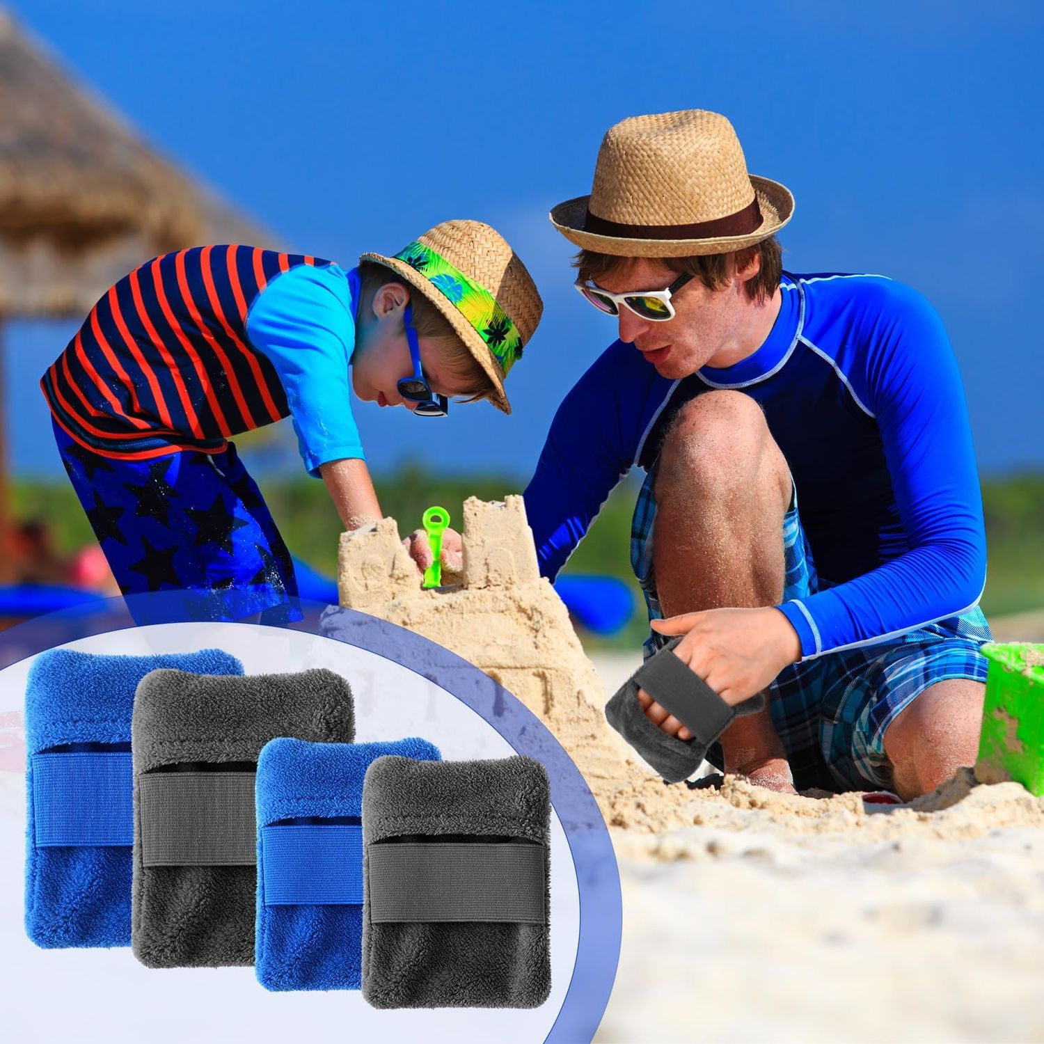 Frienda 4 Pcs Sand Remover for Beach Sand Removal Bag Sand Wipe off Mitts Sand Cleaner Powder Pouch Surf Sand off Beach Accessories Beach Essentials for Vacation Camping, 2 Sizes