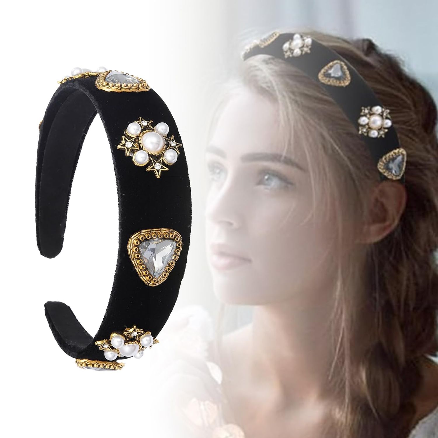 YAFIYGI 1 Pack Black Jeweled Headband Velvet Baroque Chunky Classy Headbands with Pearl Rhinestone Designer Embellished with Pearl Jewel Stylish Beaded Headwrap for Women Dressy Hair Accessories