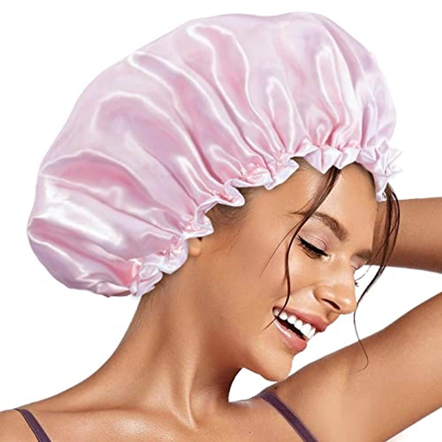 Aquior Shower Caps, Reusable Shower Cap for Women, Double Layer Waterproof Hair Cap, Large Size for All Hair Lengths,for Girls Spa Home Salon Use (Pink Cloud)