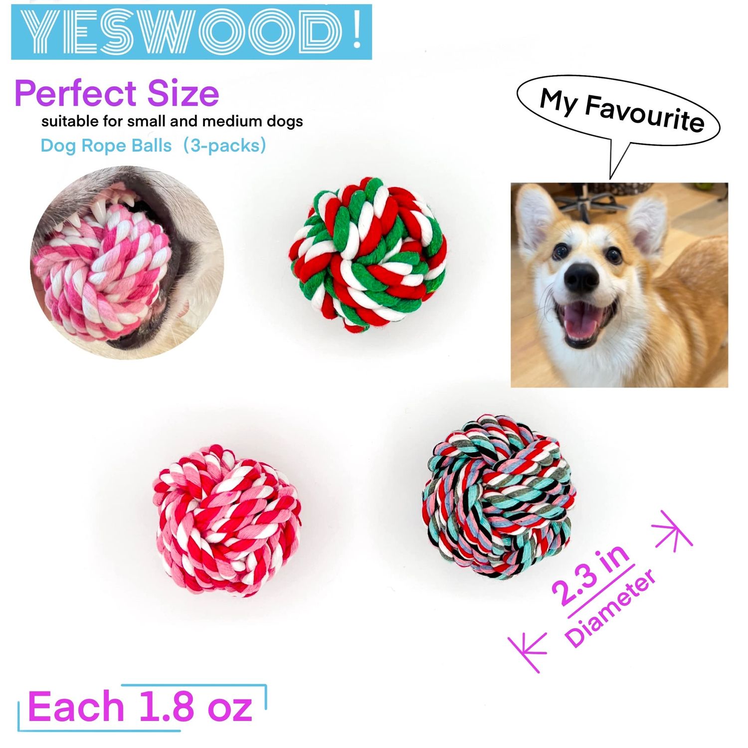 YESWOOD! Puppy Toys Small Rope Balls for Teething, Puppy Chew Pink Toy,Pet Friendly Washable Dog Toy Rope Ball for Small and Medium Dogs 0-60 Pounds(3-Pack)