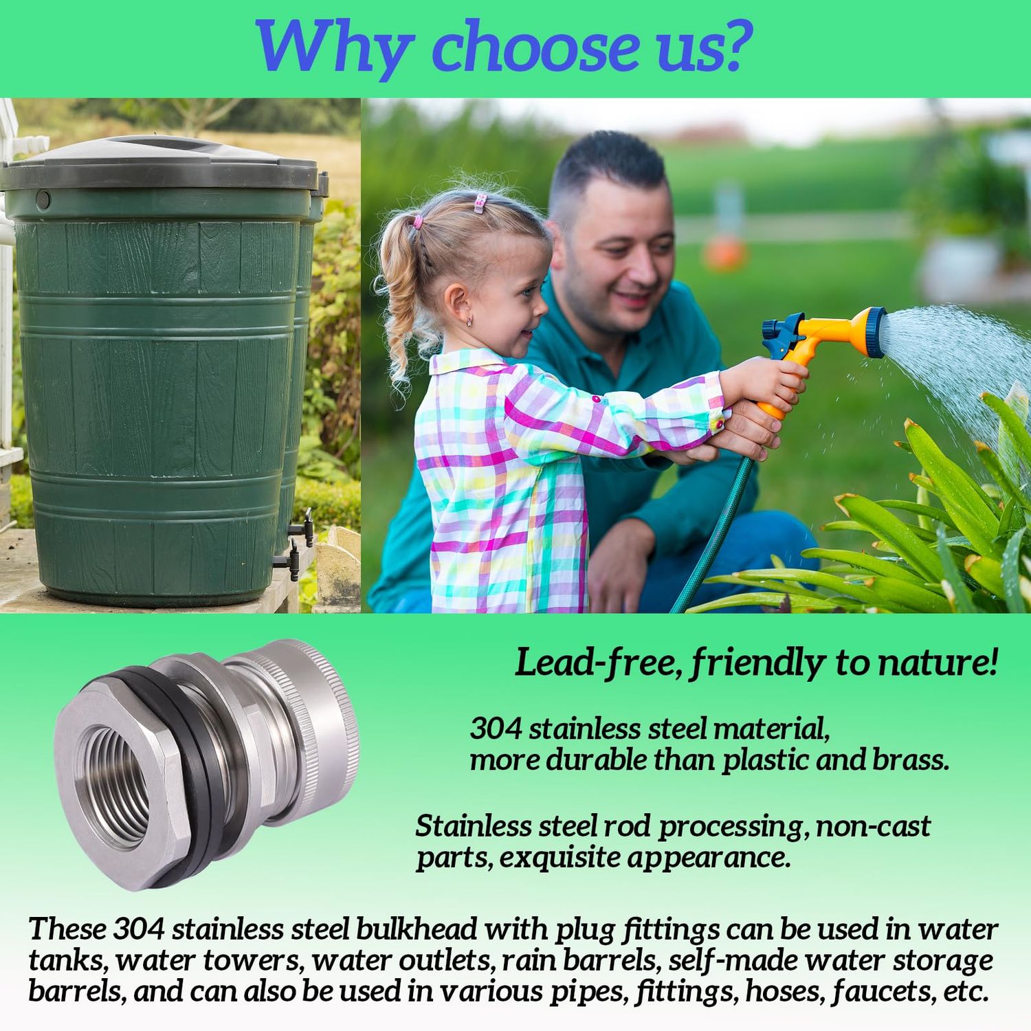 SNUTUYA Bulkhead Fitting With Plugs（304 Stainless steel），lead-free, 1/2" Female NPT, 3/4" Male GHT (garden Hose Thread), for Rain Barrels, Aquariums, Water Tanks, Tubs, Pools, Spigot, Sinks，2 Pack…