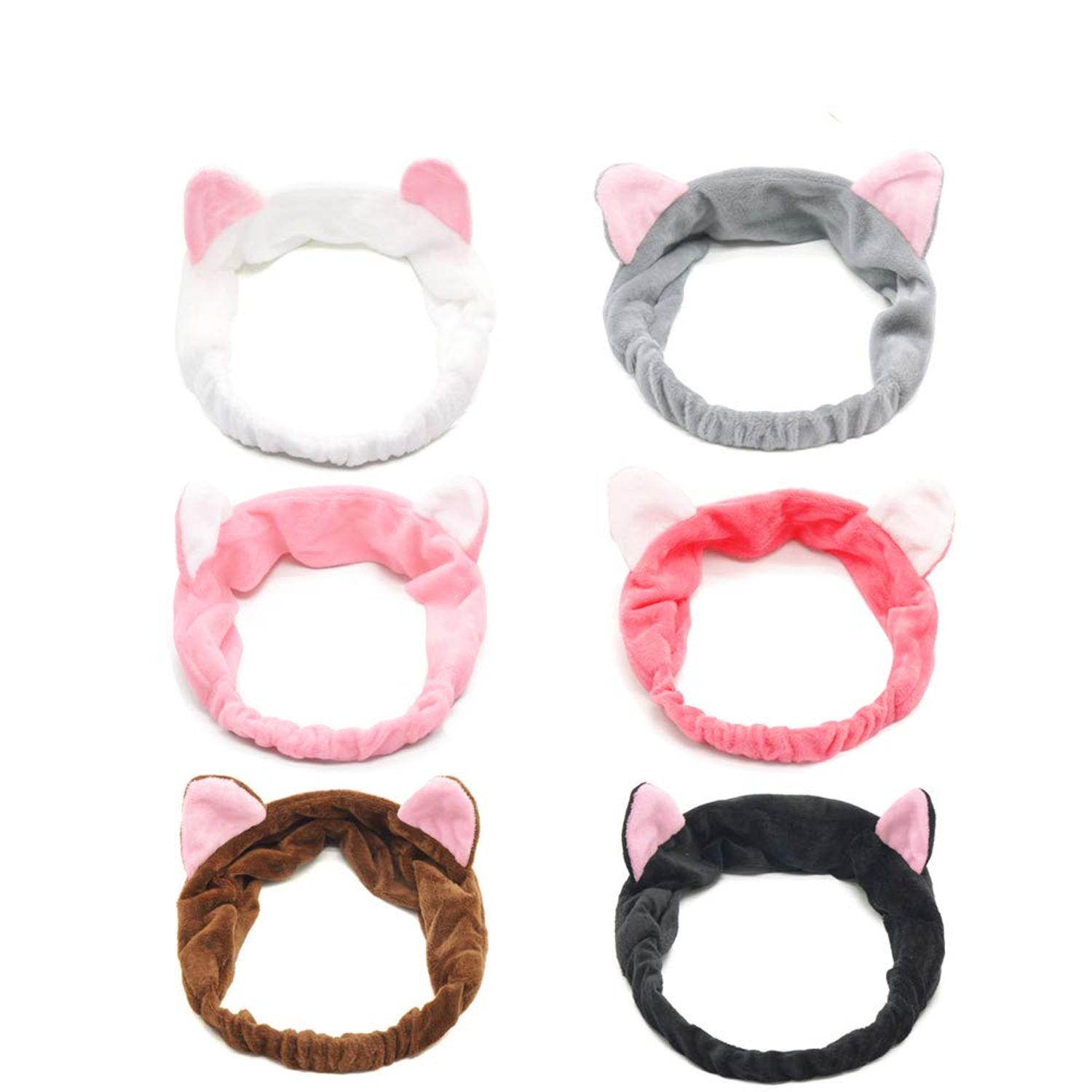 6-PACK Cat Ears Headbands, Elastic Women's Cute Hair Band, Wash Face Spa Headband - Washable Facial Band Makeup Wrap Headbands Fits All Head Sizes
