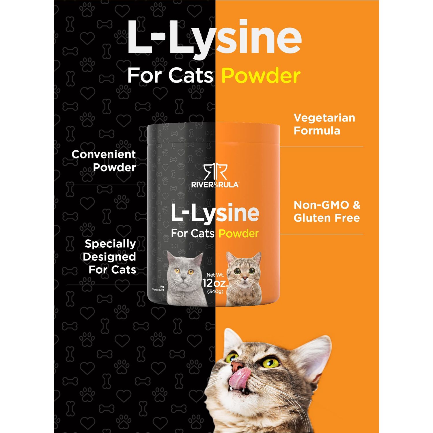 Horbaach L-Lysine Powder for Cats 500mg | 12oz | Cat Health Supplement | Non-GMO, Vegetarian Formula | by River & RULA