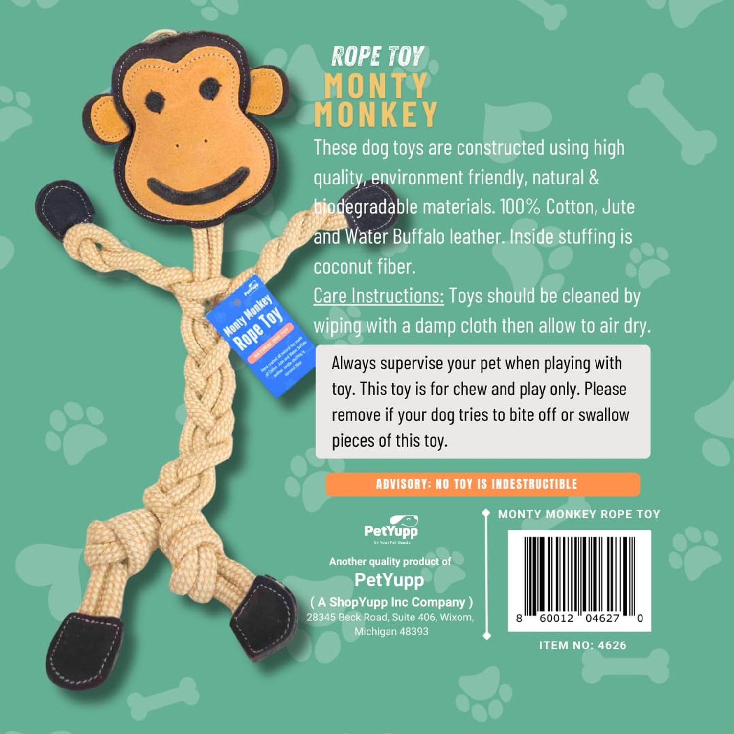 PetYupp Natural Cotton & Jute with Genuine Leather Rope Dog Chew Toy - 16" Long - Interactive Dog Toy for Teething Puppies, Small, & Medium Size Dogs, Promote Dental Health (Monty Monkey)