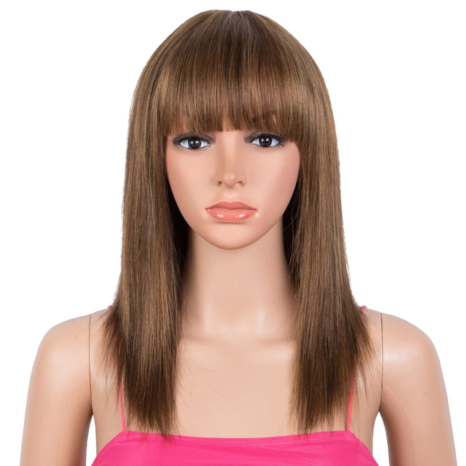 Rebecca Fashion 14 Inch Ombre Brown Straight Wigs with Bangs Human Hair Wigs for Black Women None Lace Front Wigs 10A Brazilian Virgin Hair Glueless Machine Made Wig, P4/30/27 Color