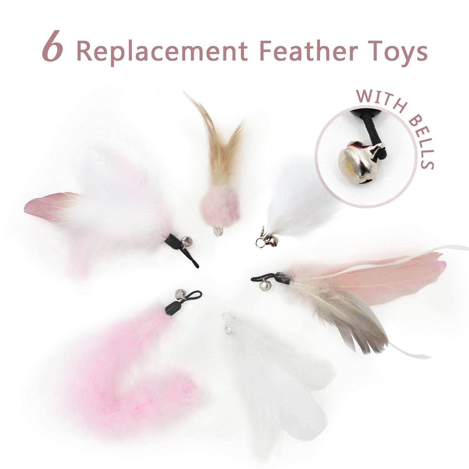 SONGWAY Interactive Feather Toys - 7 Pcs Cat Toy Set, Retractable Wand, Teaser Refills With Worm Bird Feathers and Bell for Indoor Cats Kitten Play Chase Exercise, Light Pink