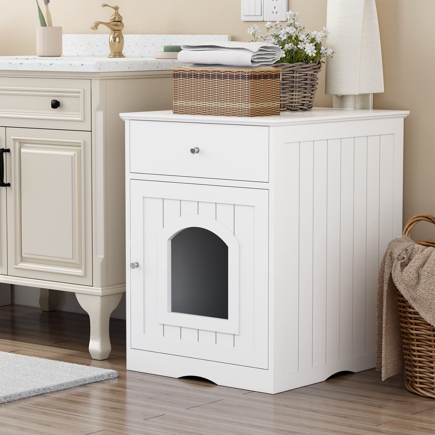 Donext Wood Cat House & Side Table with Drawer, Cat Home Covered Nightstand, Indoor Pet Crate, Litter Box Enclosure, Hooded Hidden Pet Box, Cats Furniture Cabinet, Kitty Washroom, White