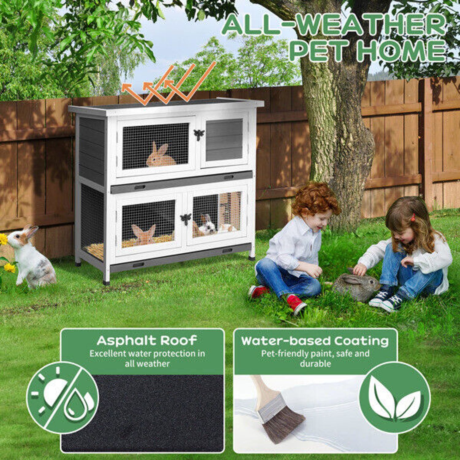 Indoor Outdoor 2 Story Solid Wood Rabbit Hutch Guinea Pig Cage Pet House Grey
