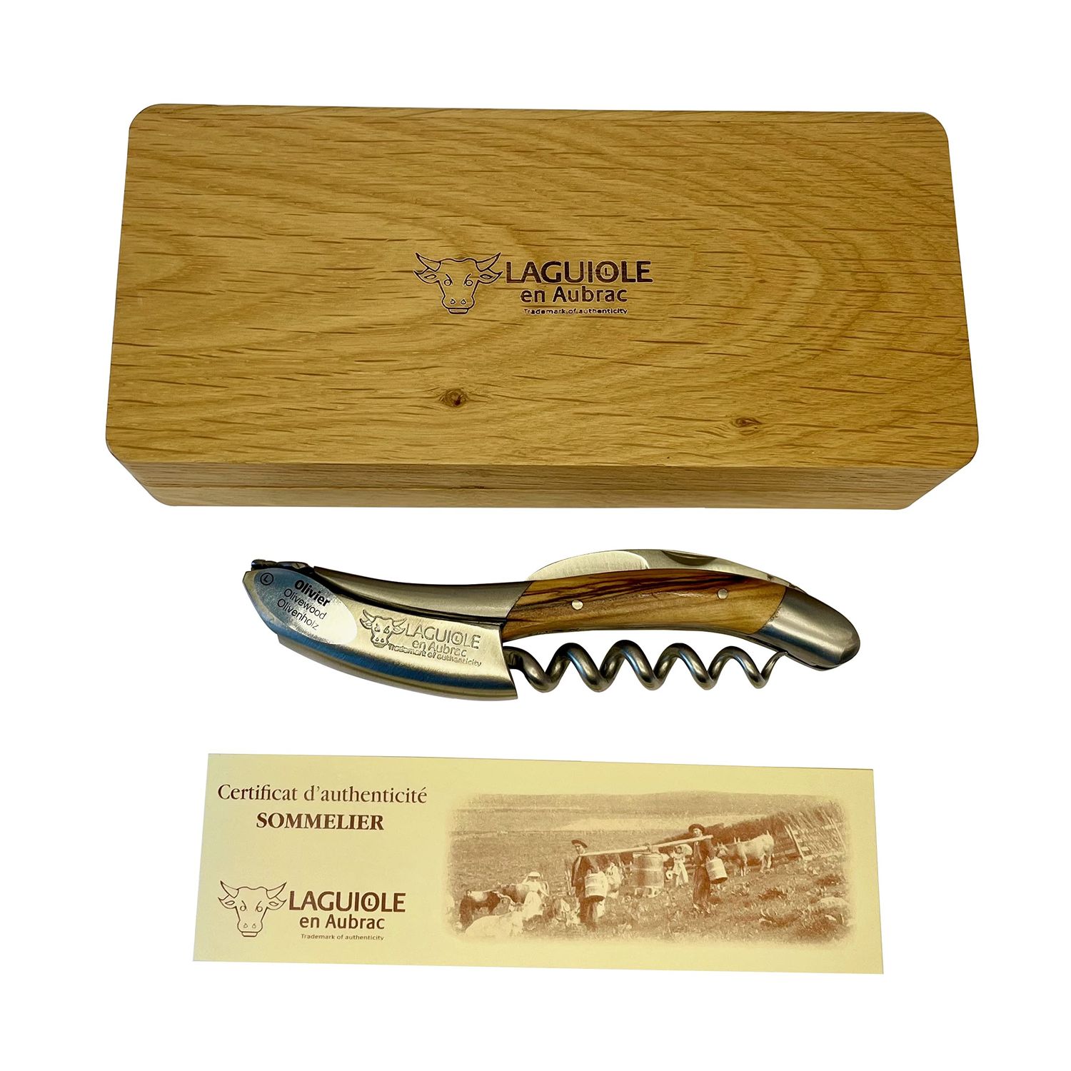 Laguiole En Aubrac Sommelier Waiter's Corkscrew, Olivewood Handle, Wine Opener With Foil Cutter & Bottle Opener, Brushed Bolster