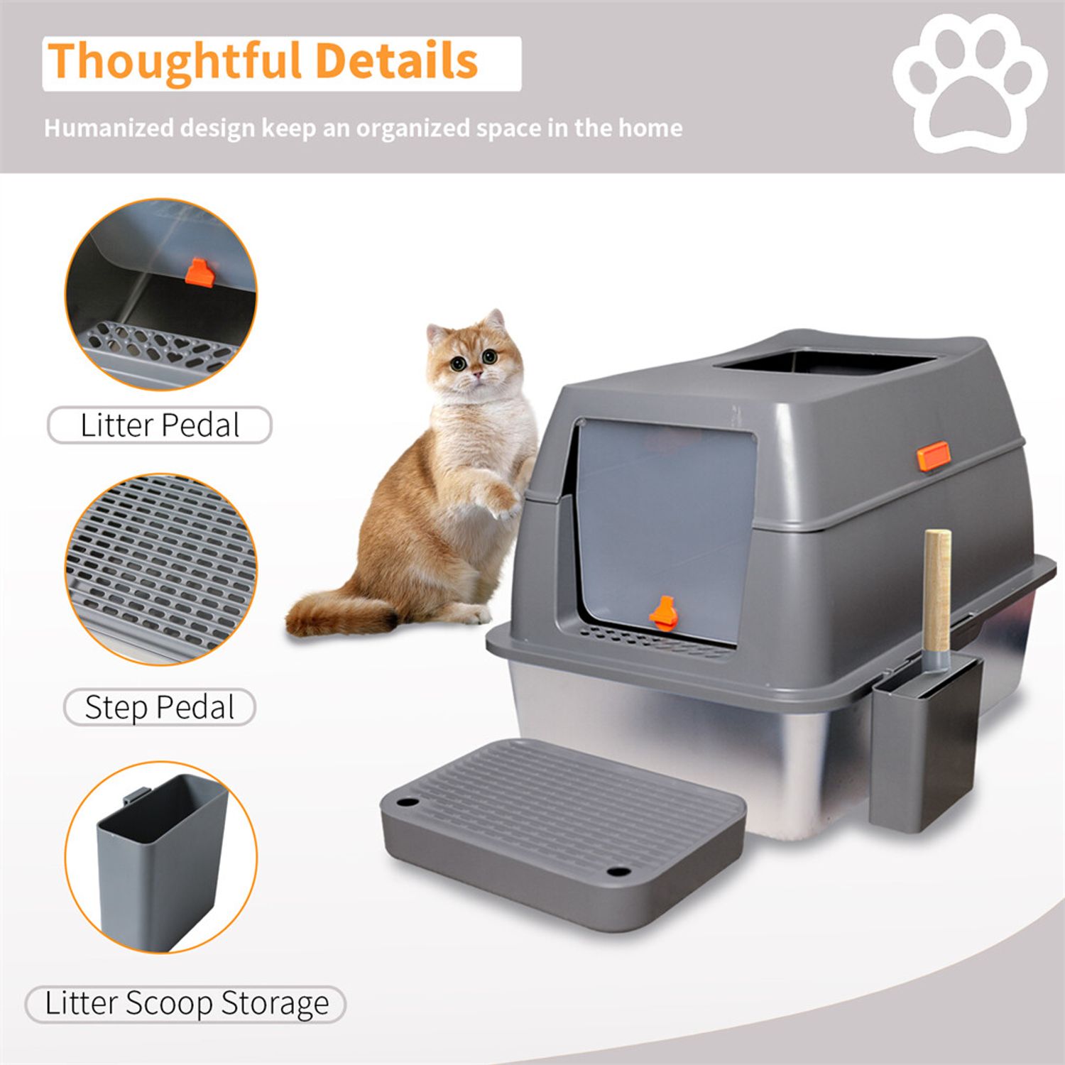 Large Stainless Steel Cat Litter Box Enclosed Cat Litter Tray w Sand Filter Peda