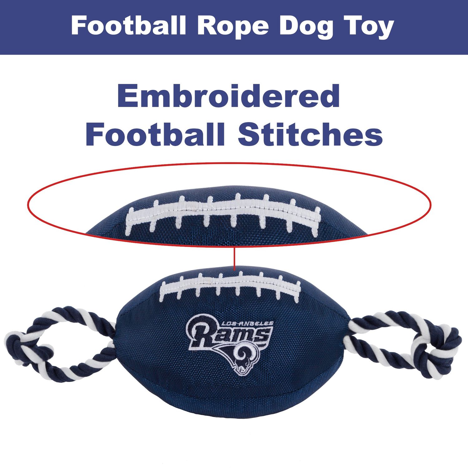 Pets First NFL Los Angeles Rams Football Dog Toy, Tough Quality Nylon Materials, Strong Pull Ropes, Inner Squeaker, NFL Team Color