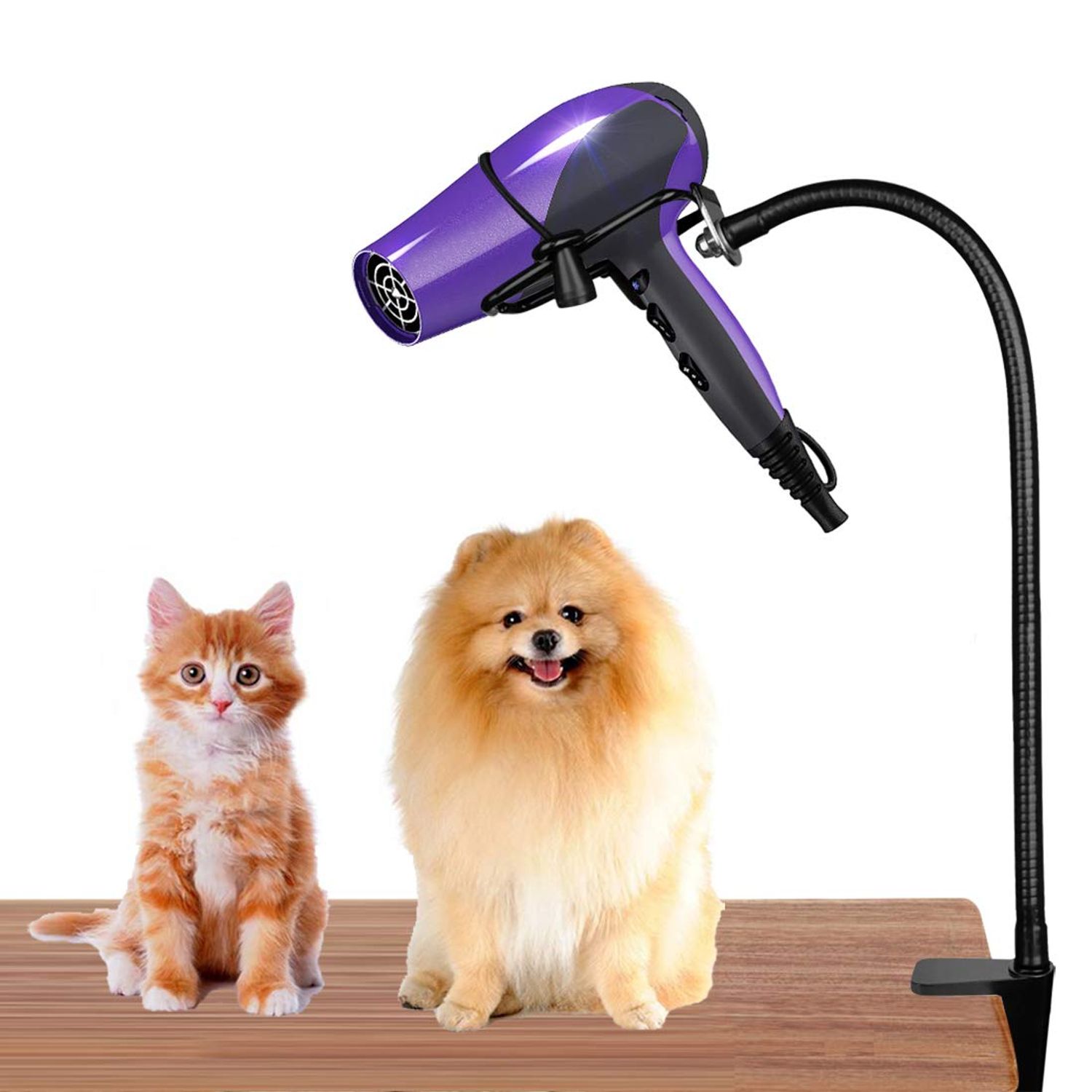 LUEXBOX Hands Free Blow Dryer Holder, Stainless Steel Hair Dryer Stand Clamp Mount for Countertop, Adjustable Hair Dryer Holder for Dog Grooming Table Arm with Clamp (Black)