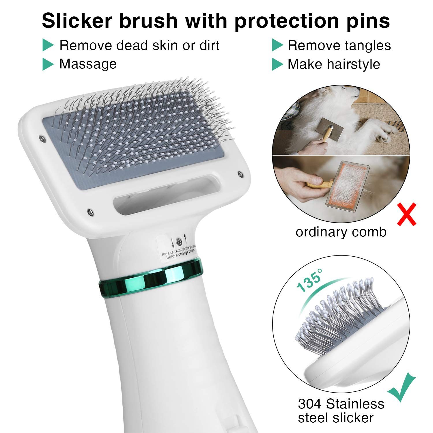 Ownpets Pet Hair Dryer, 2 in 1 Quiet Portable Pet Grooming Blower with Slicker Brush, Adjustable Temperature & Fast-Drying Towel, Home Pet Care for Dogs, Cats & Other Coated Breed