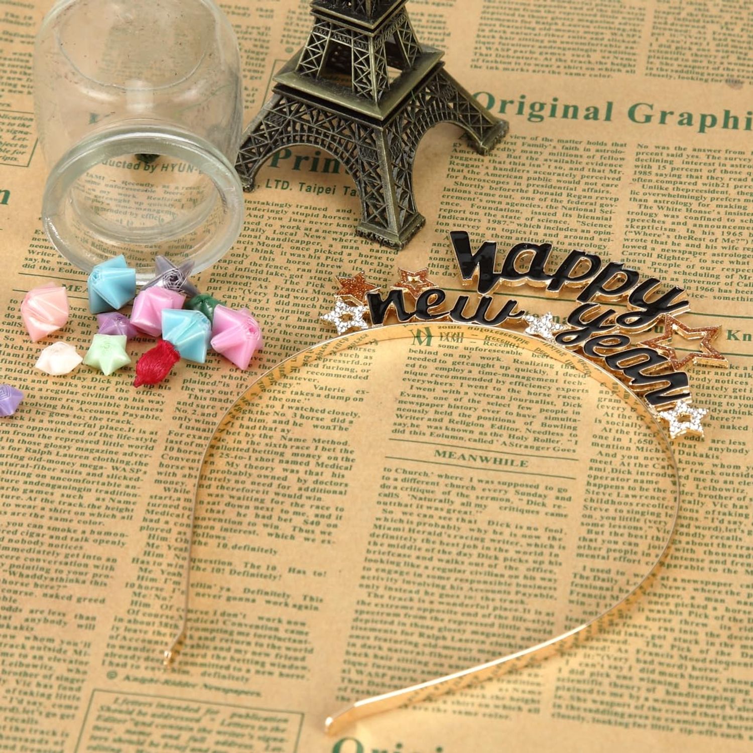 BinaryABC Happy New Year Headband Tiara Glitter Gold Star Headbands,Rhinestone New Year Headband,New Years Eve Party Supplies(Gold)