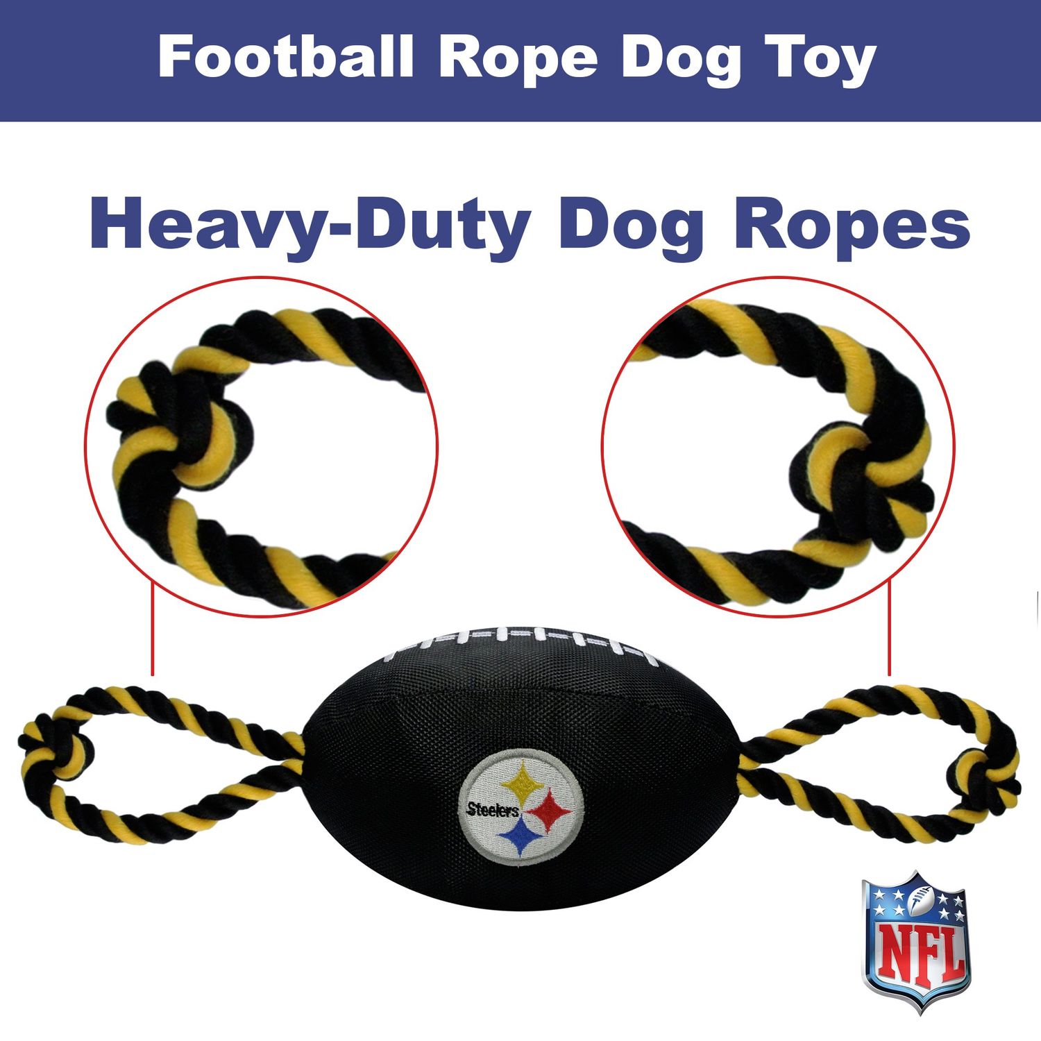Pets First NFL Pittsburgh Steelers Football Dog Toy, Tough Quality Nylon Materials, Strong Pull Ropes, Inner Squeaker, NFL Team Color