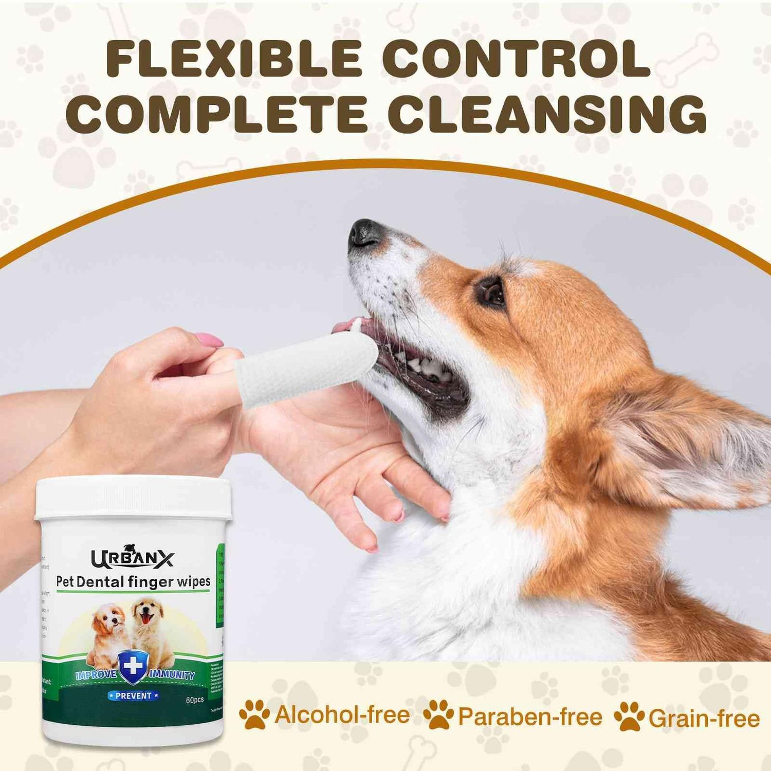 UrbanX Teeth Cleaning Wipes for Tibetan Terrier and Other Companion Dogs, Remove Bad Breath, Plaque, and Tartar Buildup, No-Rinse Disposable Finger Toothbrush, Gentle Gum Care Pet Wipes, 60 Count