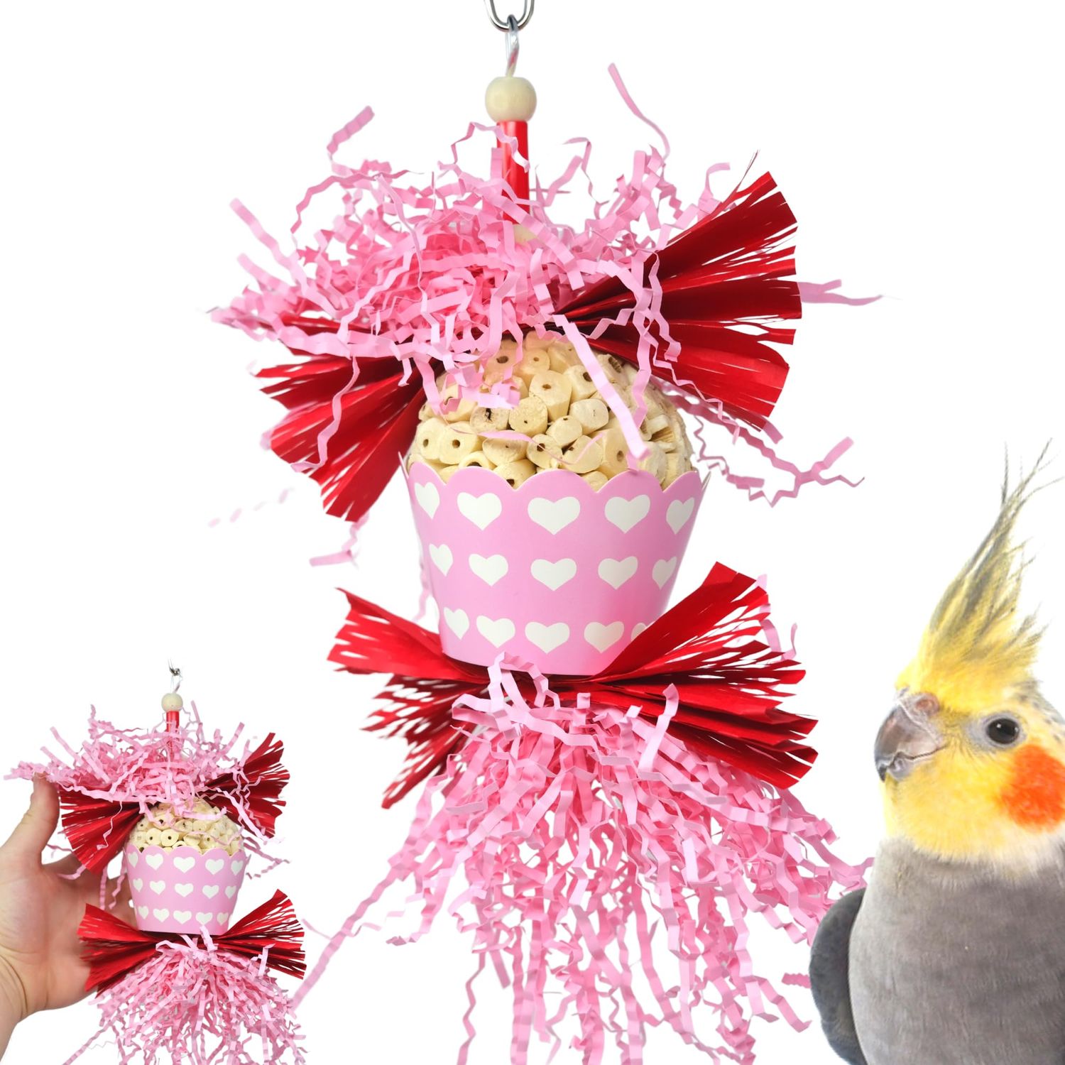 Bonka Bird Toys 1000 Sola Love - 7" H x 4" W, Natural Sola Ball with Vibrant Paper Decorations, Cockatiels, Parakeets, Conures, and Similar Sized Breeds.