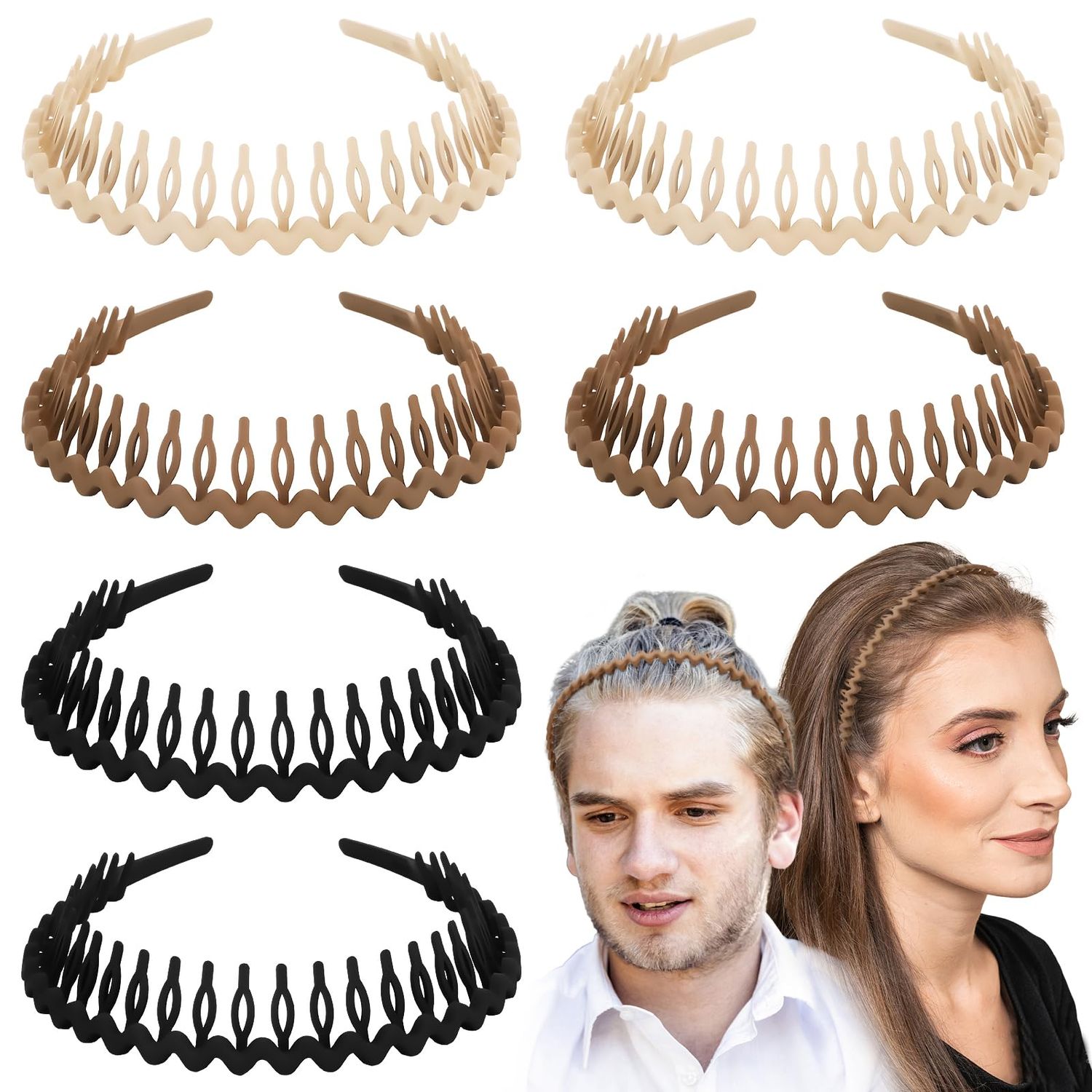 WHAVEL 6 PCS Non Slip Plastic Headbands for Women, Black Headband with Teeth Comb Head Band Wavy Zig Zag Headbands Effortless Hair Bands for Women Men(F)