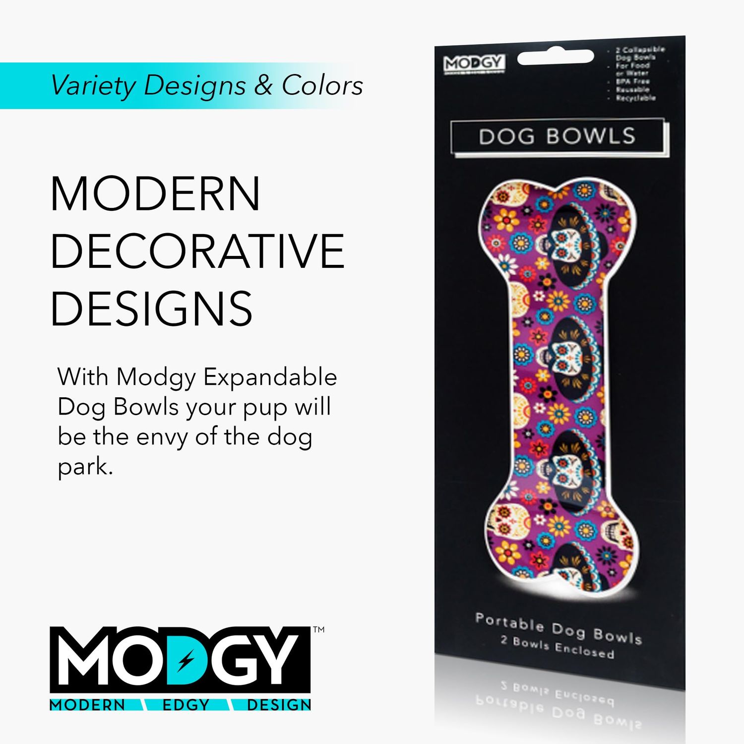 MODGY Collapsible Dog Food Bowl Dish, Reusable, Plastic Travel Size, Portable Container, Camping, Hiking, Car, Road Trip Essential, Cute Pattern, Dia de Perros, Pack of 2