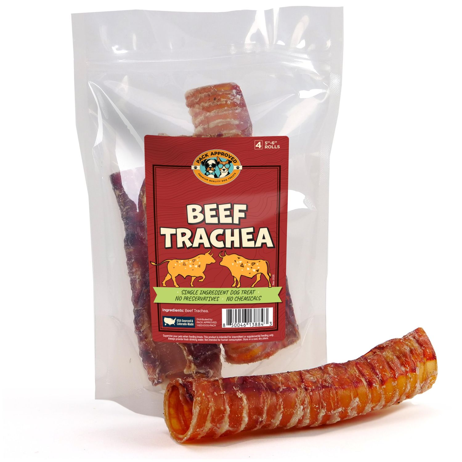 Pack Approved Beef Trachea - Dehydrated Beef Dog Treats Made in USA - Single Ingredient Treat w/Chondroitin & Glucosamine - Dog Joint Health for Small to Medium Breeds - 5-6" (4ct)