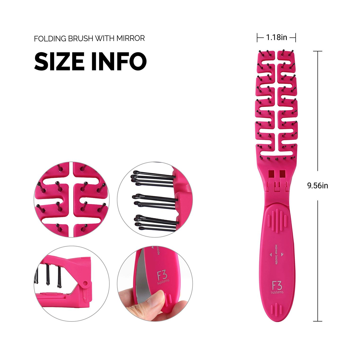 F3 Systems Folding Hair Brush with Mirror, Travel Folding Brush, Compact for Storage, Hair Brush Detangling Comb for Adult and Kids, Portable & Pocket Brush with Mirror, Healthy Shine, Wet & Dry Hair