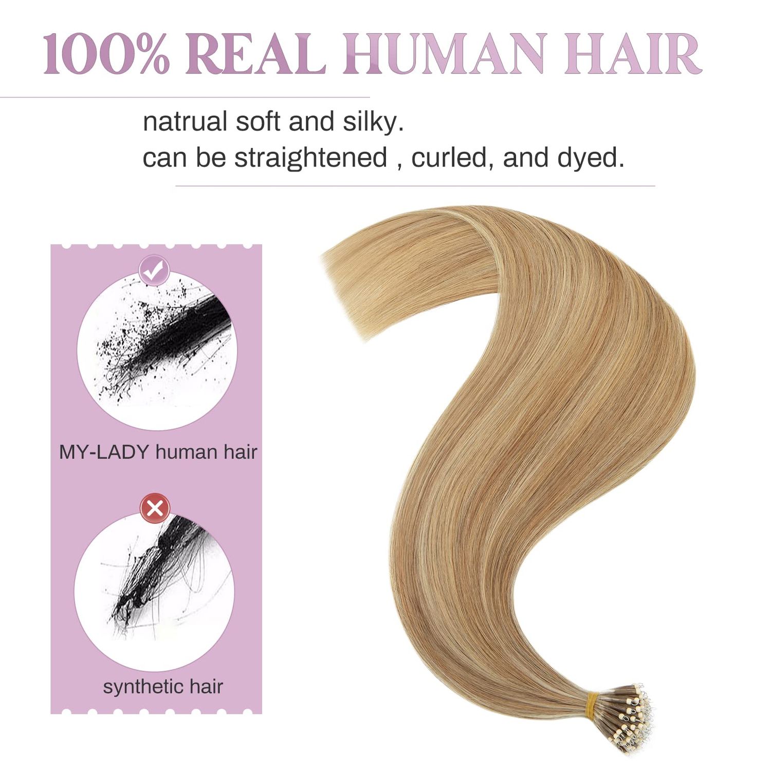 MY-LADY Nano Bead Hair Extensions Human Hair Invisible Nano Ring Hair Extensions Pre Bonded Cold Fushion Natural Nano Tips Extensions 50 Strands 50g 24 Inch #12P613 Golden Brown&Bleach Blonde