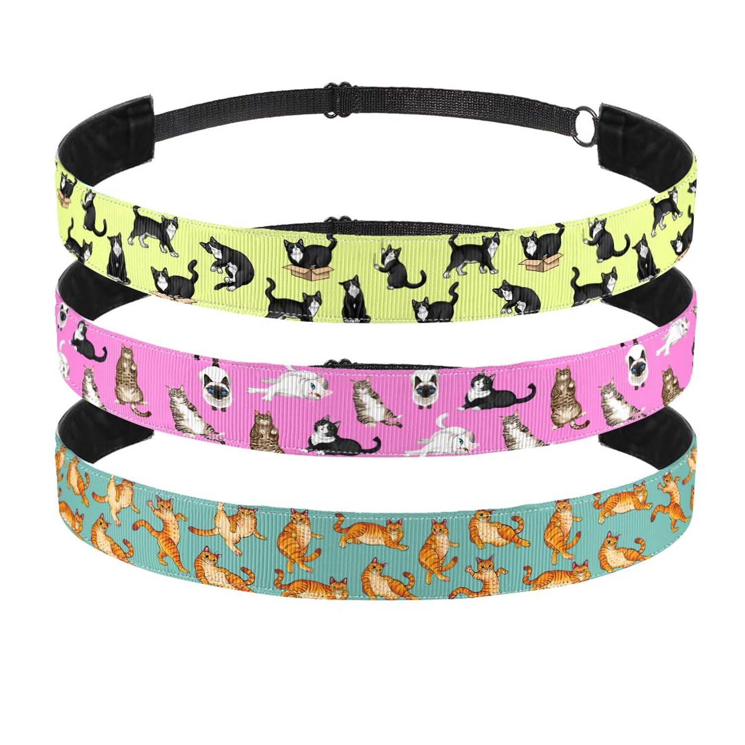 WIRESTER Set of 3 Elastic Fashion Headbands, Adjustable Hair Bands, Cute Non-Slip Hair Accessories for Women Girls - Lazy Cats, Tuxedo Cat, Orange Tabby Cat Funny Playful Postures