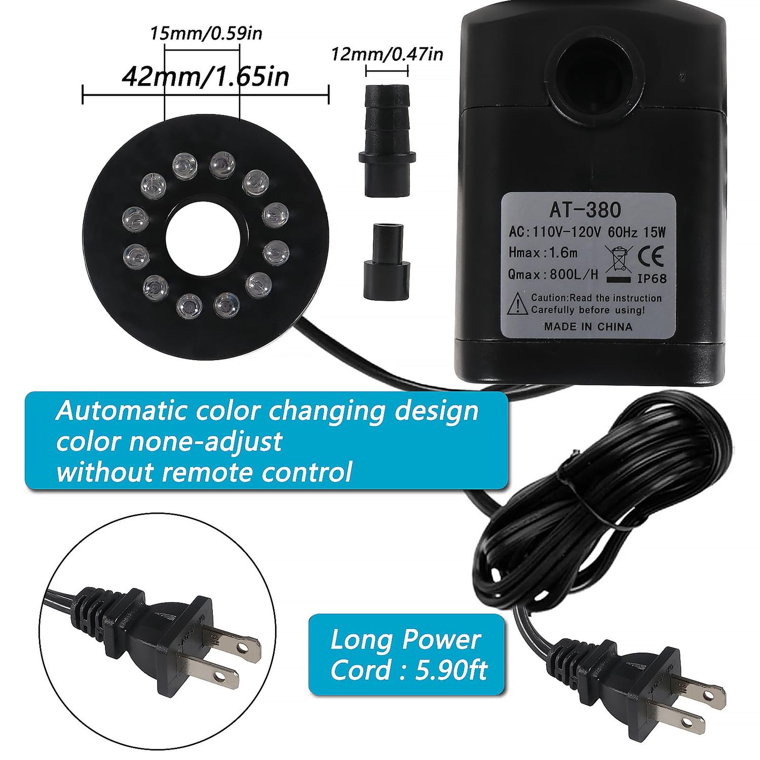 AITIAO 15W 220 GPH Submersible Fountain Water Pump Ultra Quiet Adjustable Pump (800L/H) with 12 Colorful Automatic Color Changing LED Lights for Water Feature Aquarium fish tanks Outdoor Fountain