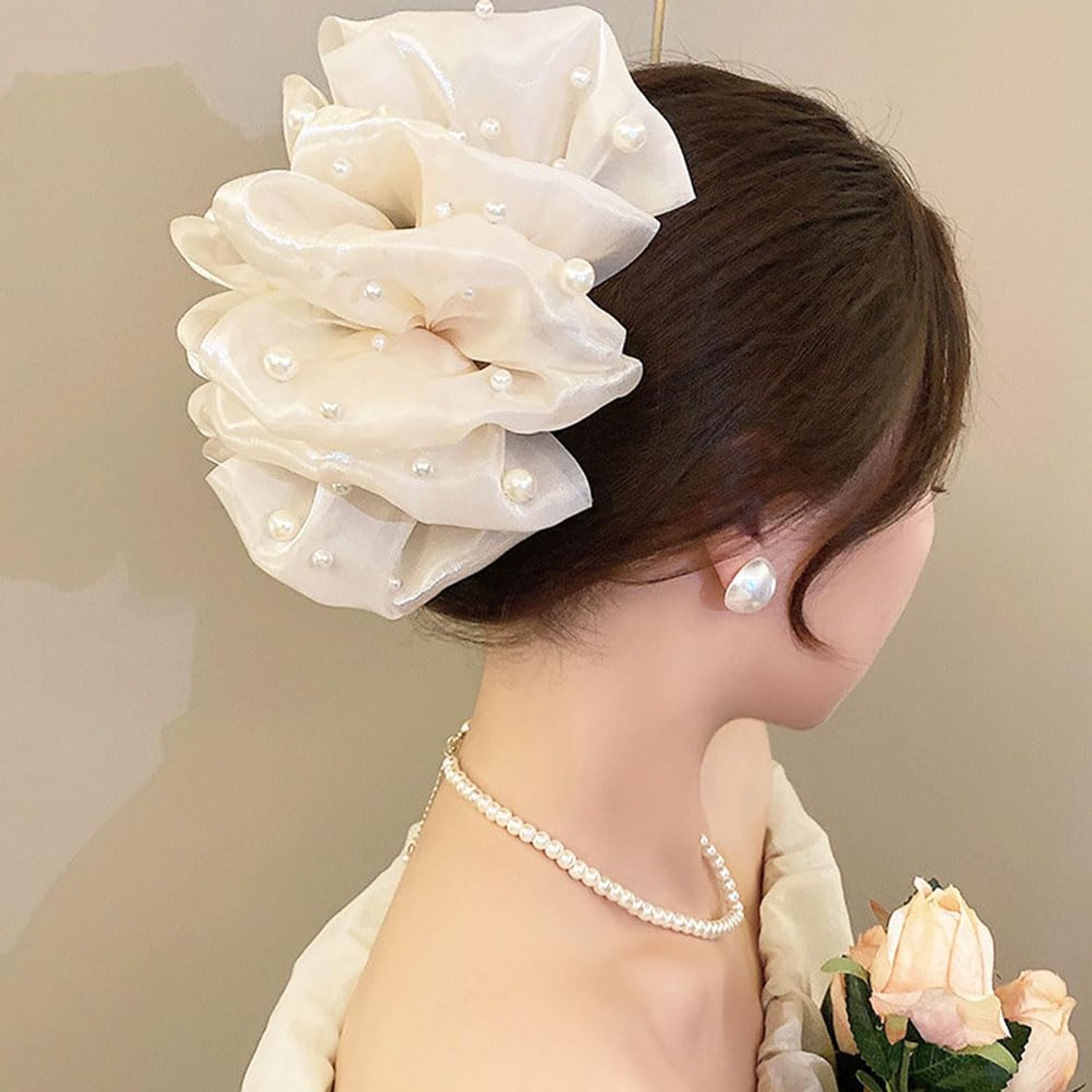 2 PCS Chiffon Silk Hair Claw Clips Large Pearl Hair Claw Clips Bows Hair Clips Barrtette Hair Accessories for Women Girls