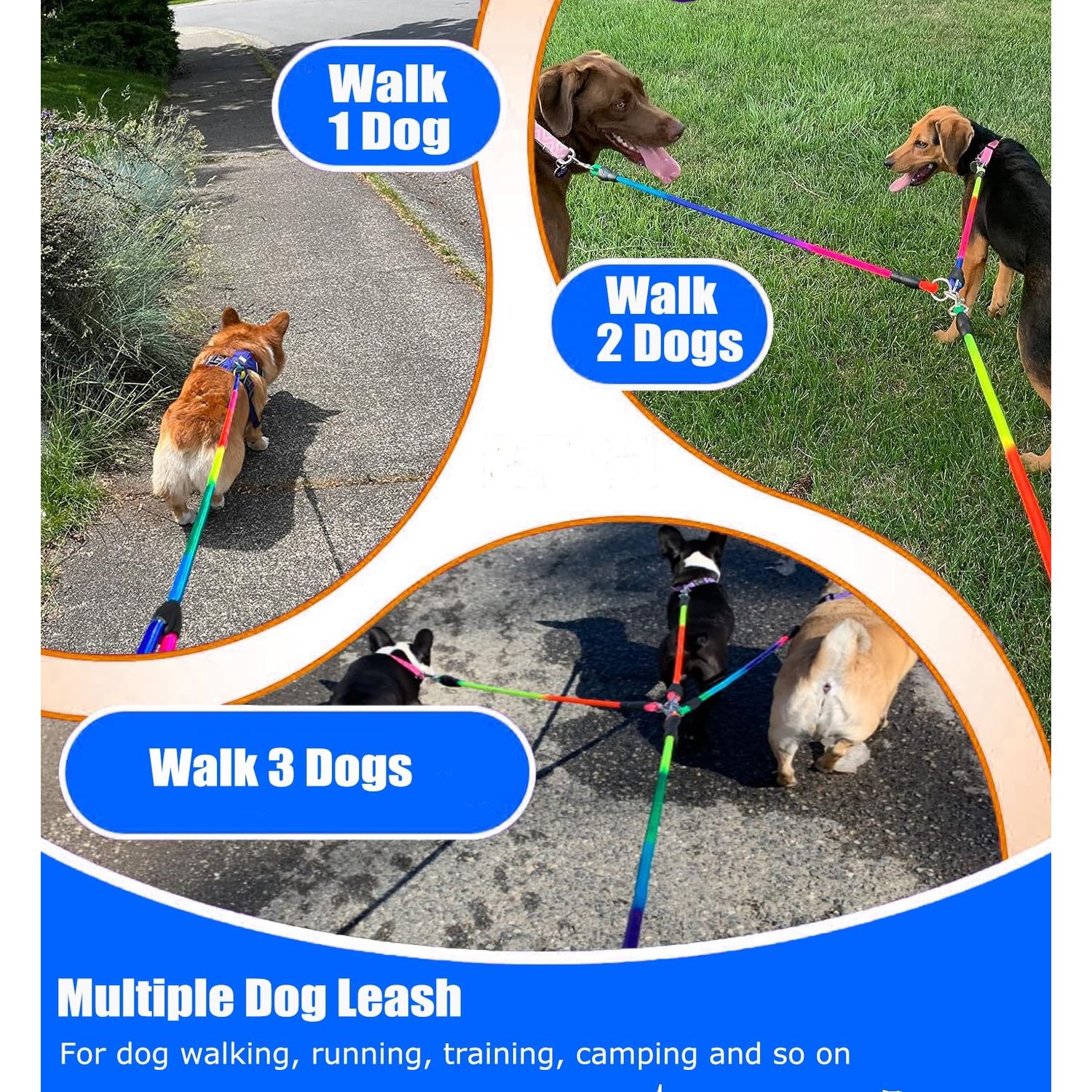 Heavy Duty 3 Dog Leash No Tangle, 3 in 1 Multiple Dog Leash, Double Dog Leash for 2 Dogs,3 Way Dog Leash with Soft Padded Handle, Detachable Triple Dog Leash Large Dog Leash for Walking and Training