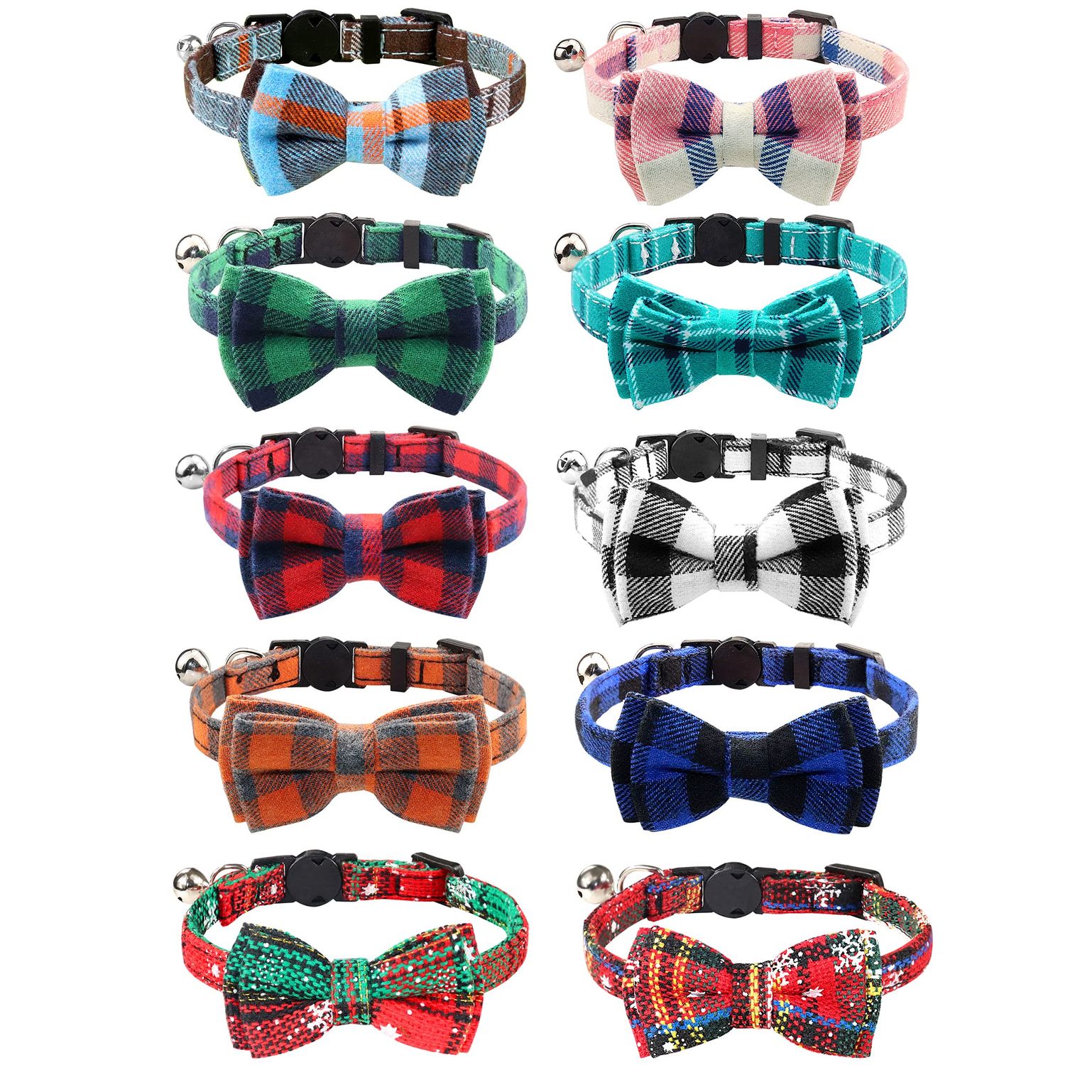 Joytale Upgraded Cat Collar with Bells, Breakaway Cat Collars with Bow Tie, 1 Pack Girl Boy Safety Plaid Kitten Collars, Haze Blue