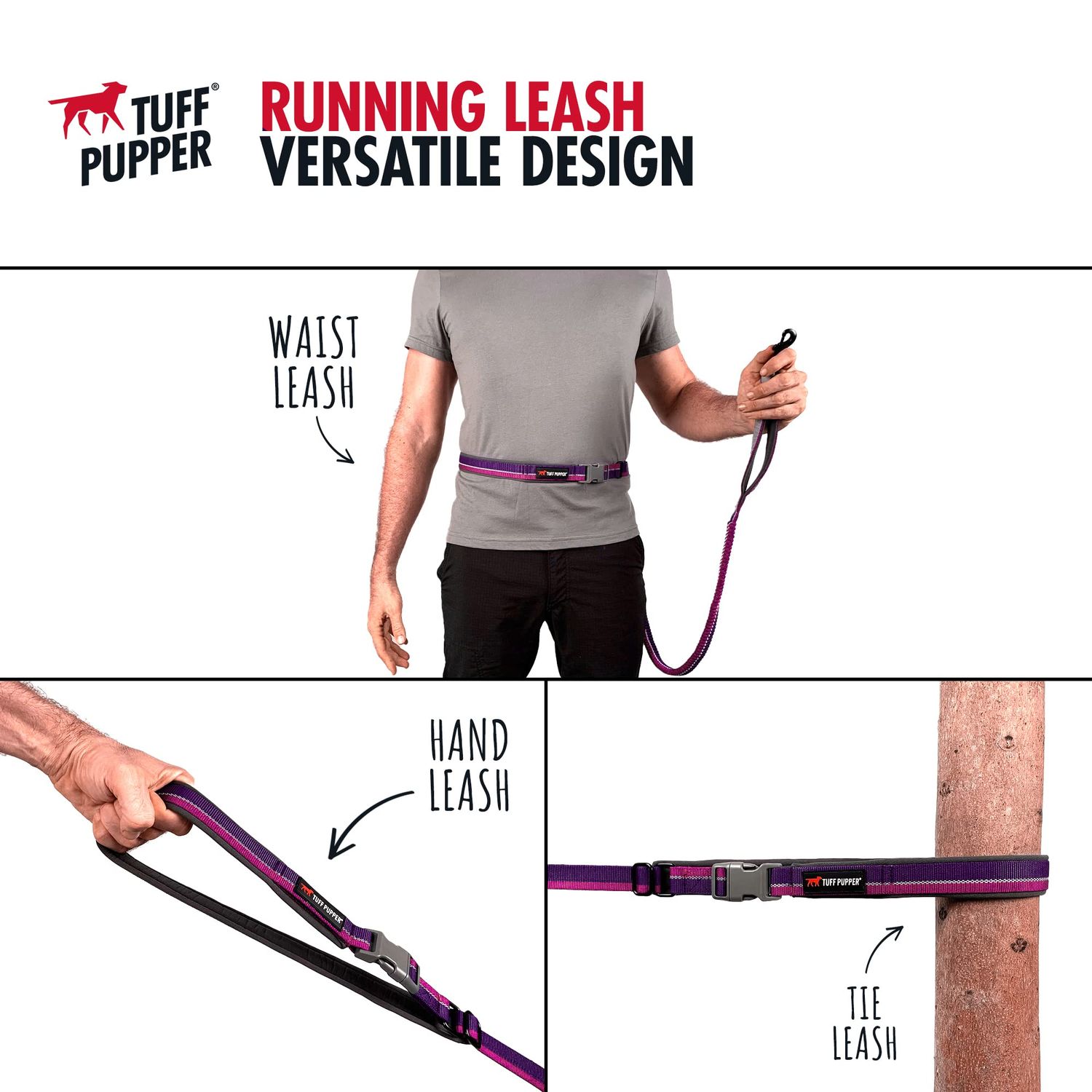 Tuff Pupper Hands Free Adjustable Length Dog Leash | Lightweight for Running Jogging Walking | Padded Waist Belt (24-50 inch) | Adjusts 3 to 6 Feet Length | Strong Ballistic Nylon w/Reflective Strips