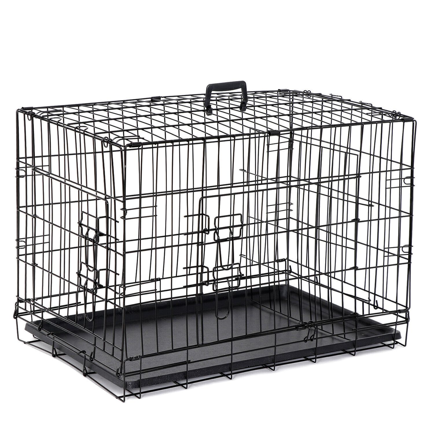 30" Durable Dog Crate Kennel 2 Door Folding Metal Pet Cat Cage with Tray Black