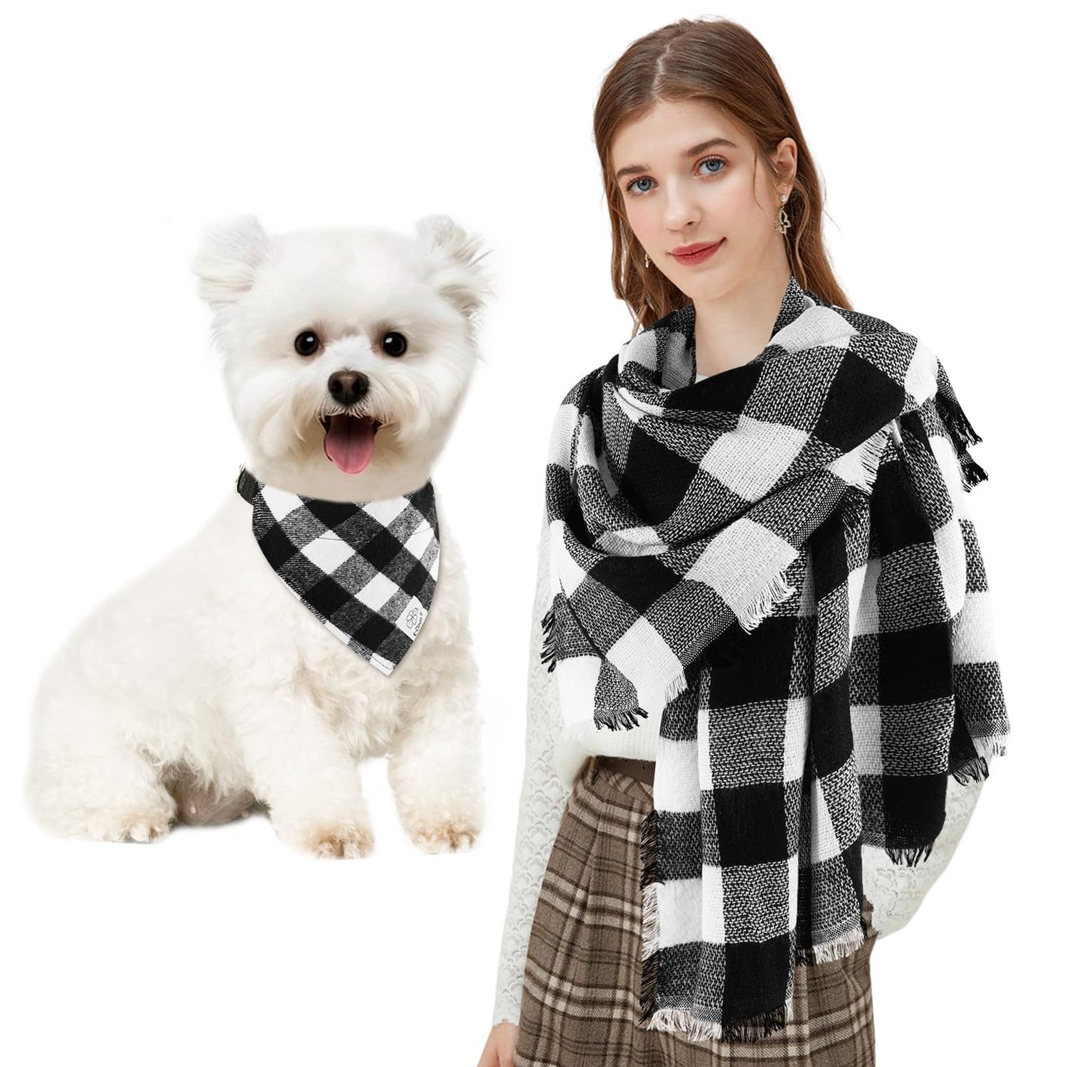 E-Clover Christmas Matching Dog and Owner Set-Dog Bandana Collar & Matching Scarf Girl Boy Adjustable Dog Collars for Small Medium Dogs Owner Mom Gift Black White Buffalo Plaid